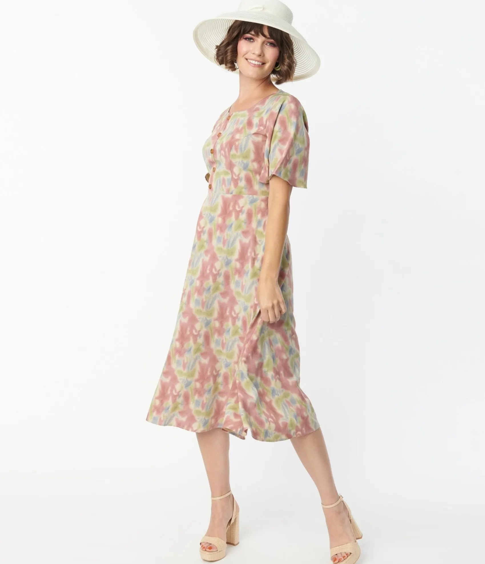Unique Vintage Pink & Blue Watercolor Pattern Festival Midi Dress Sale