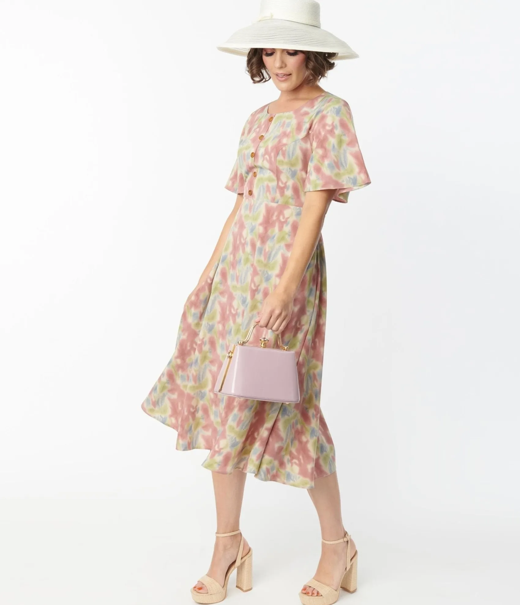 Unique Vintage Pink & Blue Watercolor Pattern Festival Midi Dress Sale