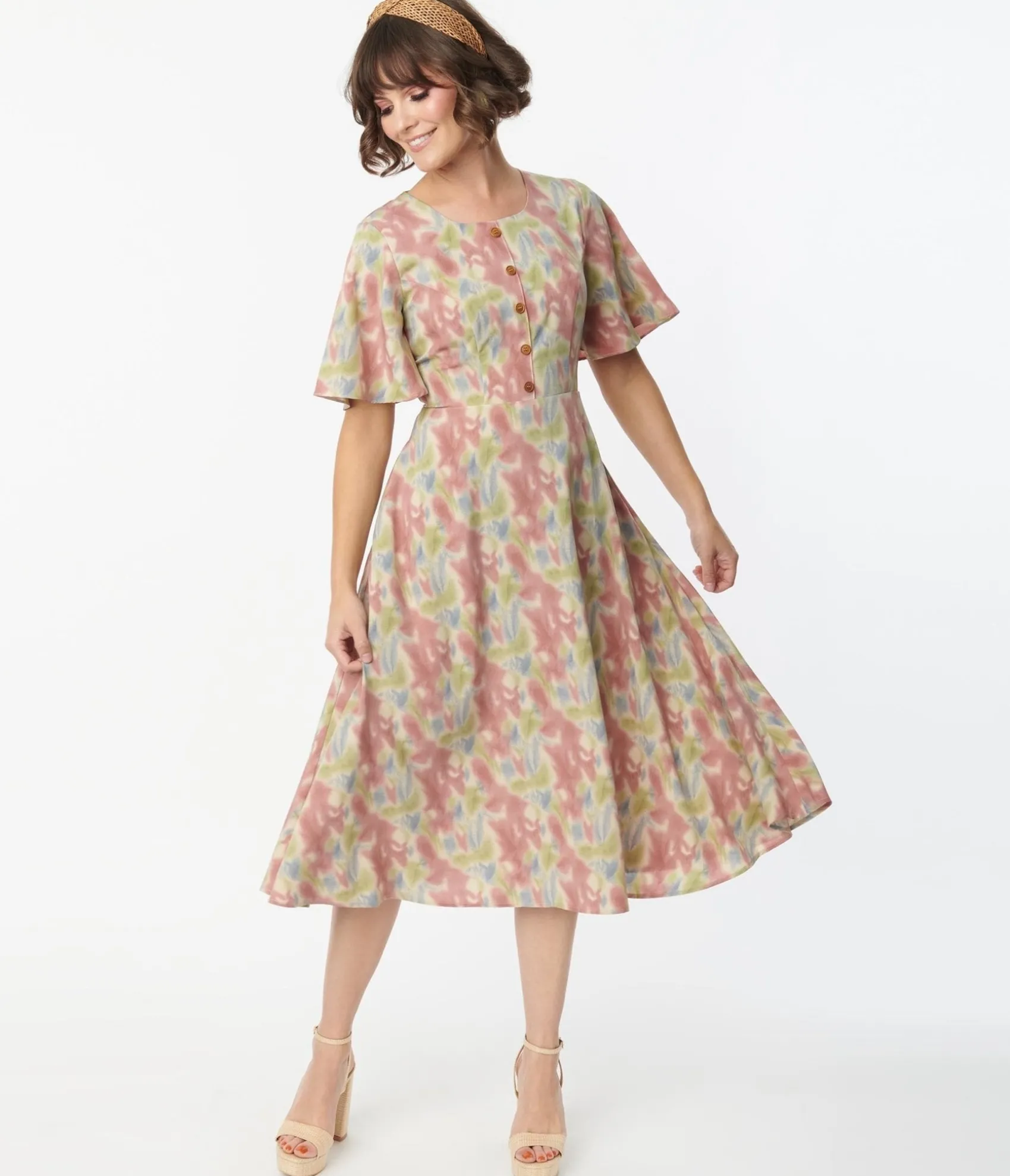 Unique Vintage Pink & Blue Watercolor Pattern Festival Midi Dress Sale