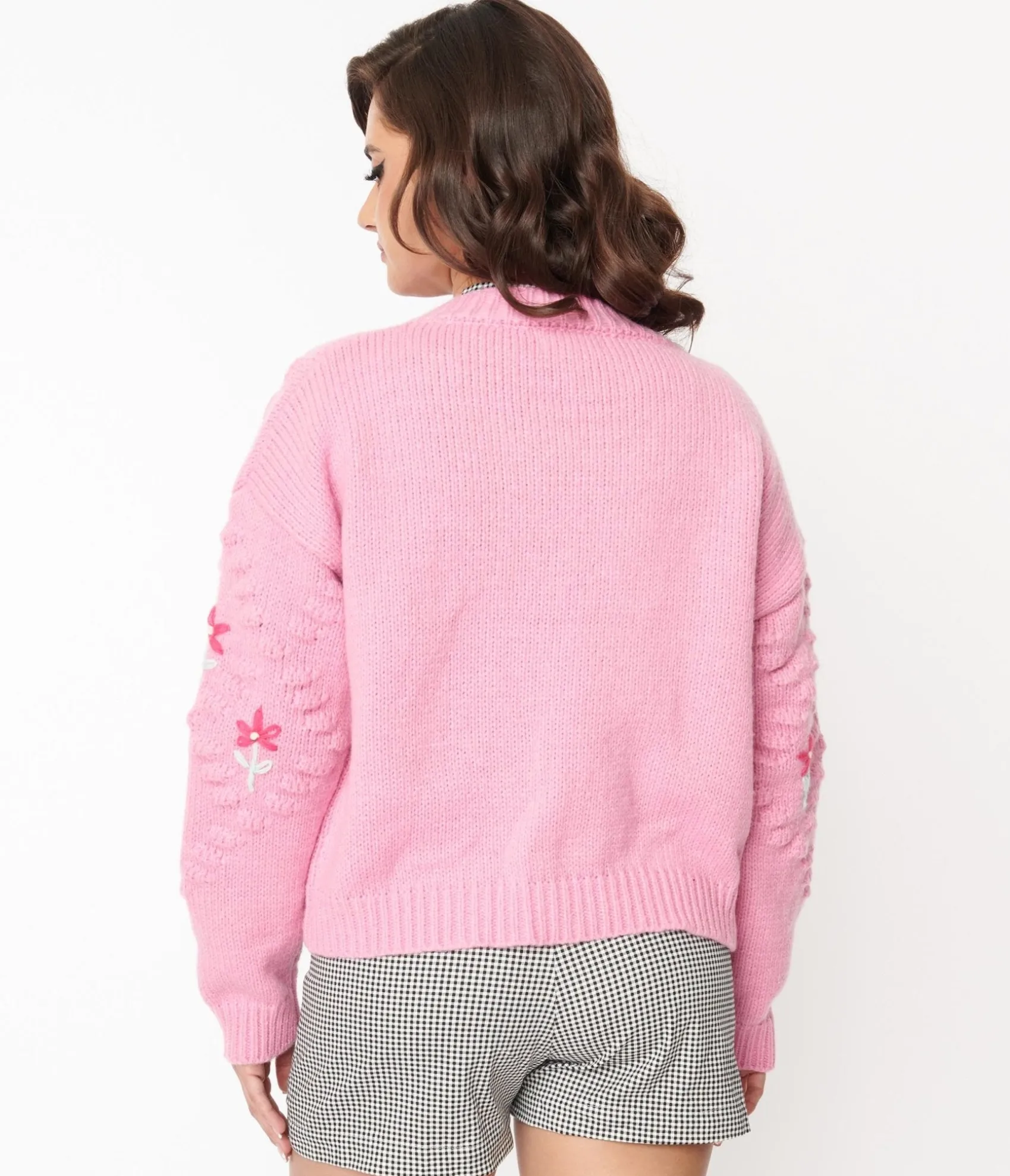 Unique Vintage Pink Floral Cable Knit Cardigan Hot