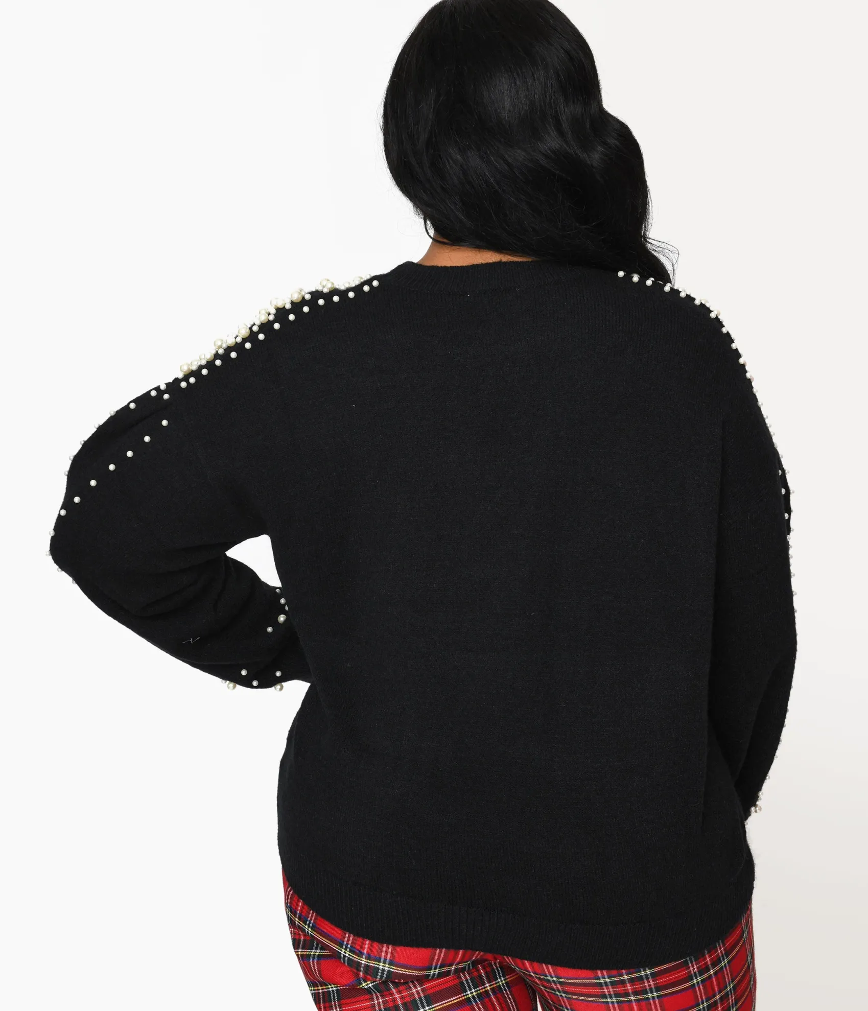 Unique Vintage Plus Size Black & Faux Pearl Studded Knit Sweater Best Sale