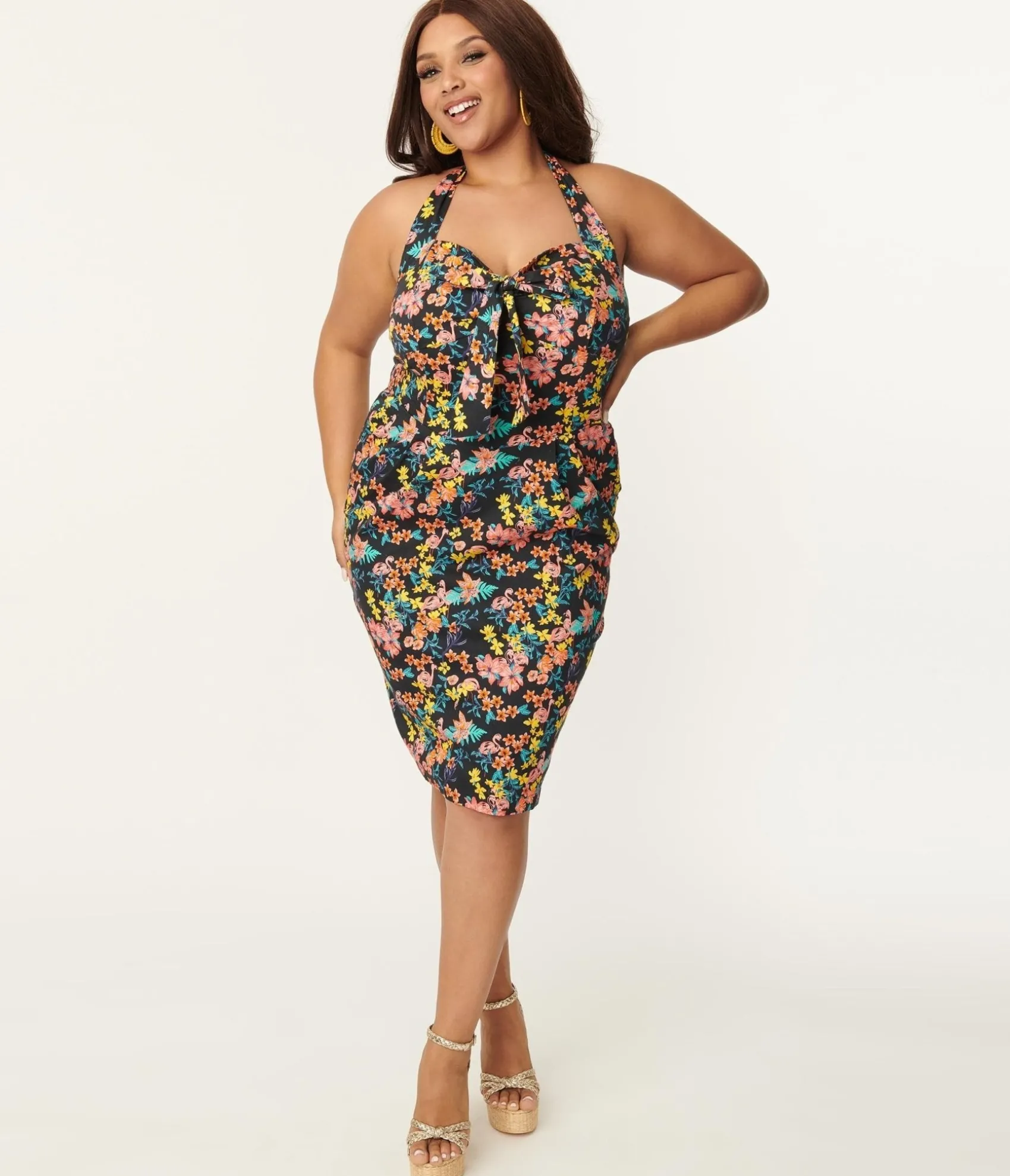 Unique Vintage Plus Size Black & Pink Floral Sally Wiggle Dress Hot