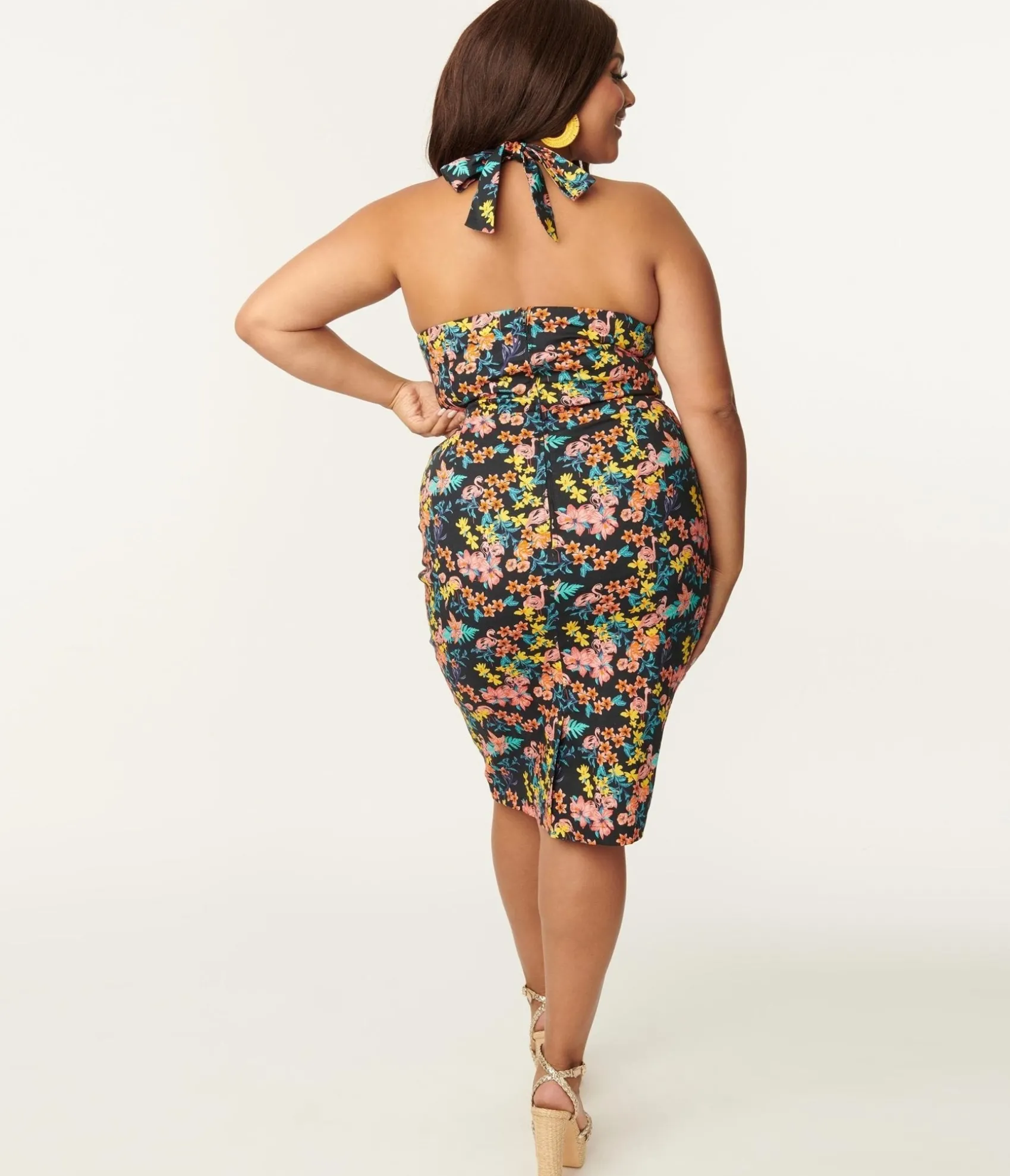 Unique Vintage Plus Size Black & Pink Floral Sally Wiggle Dress Hot