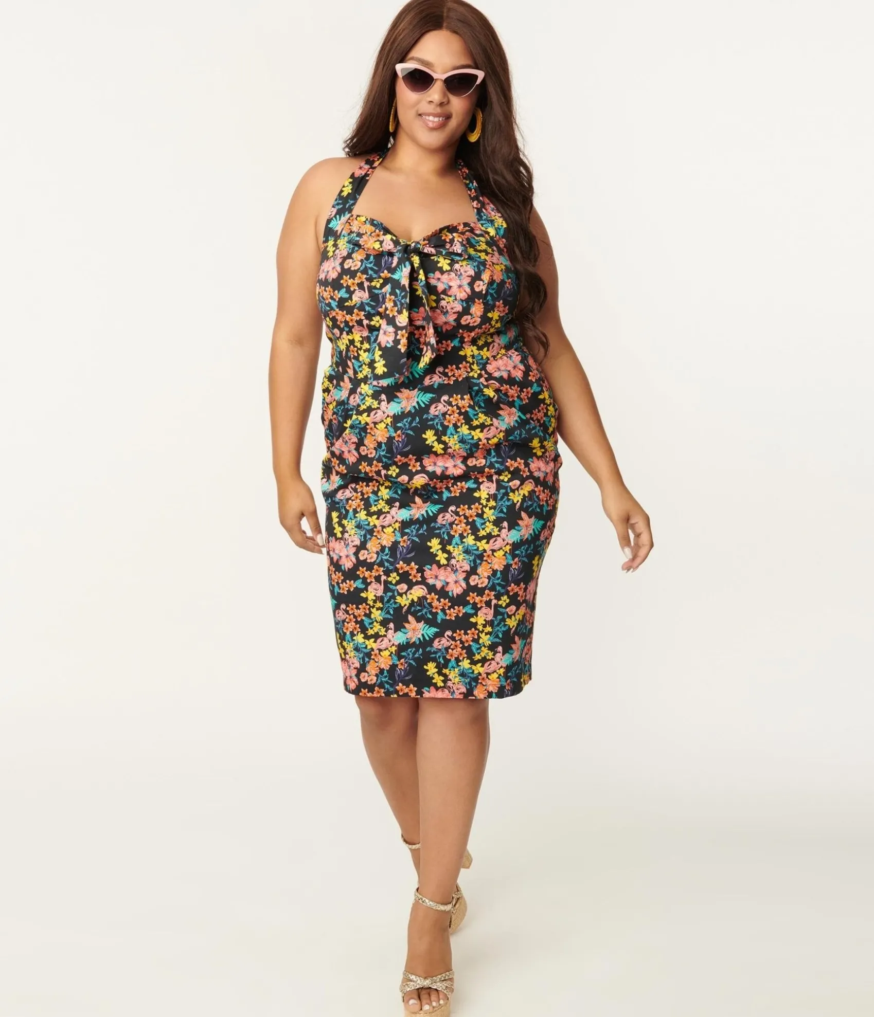 Unique Vintage Plus Size Black & Pink Floral Sally Wiggle Dress Hot