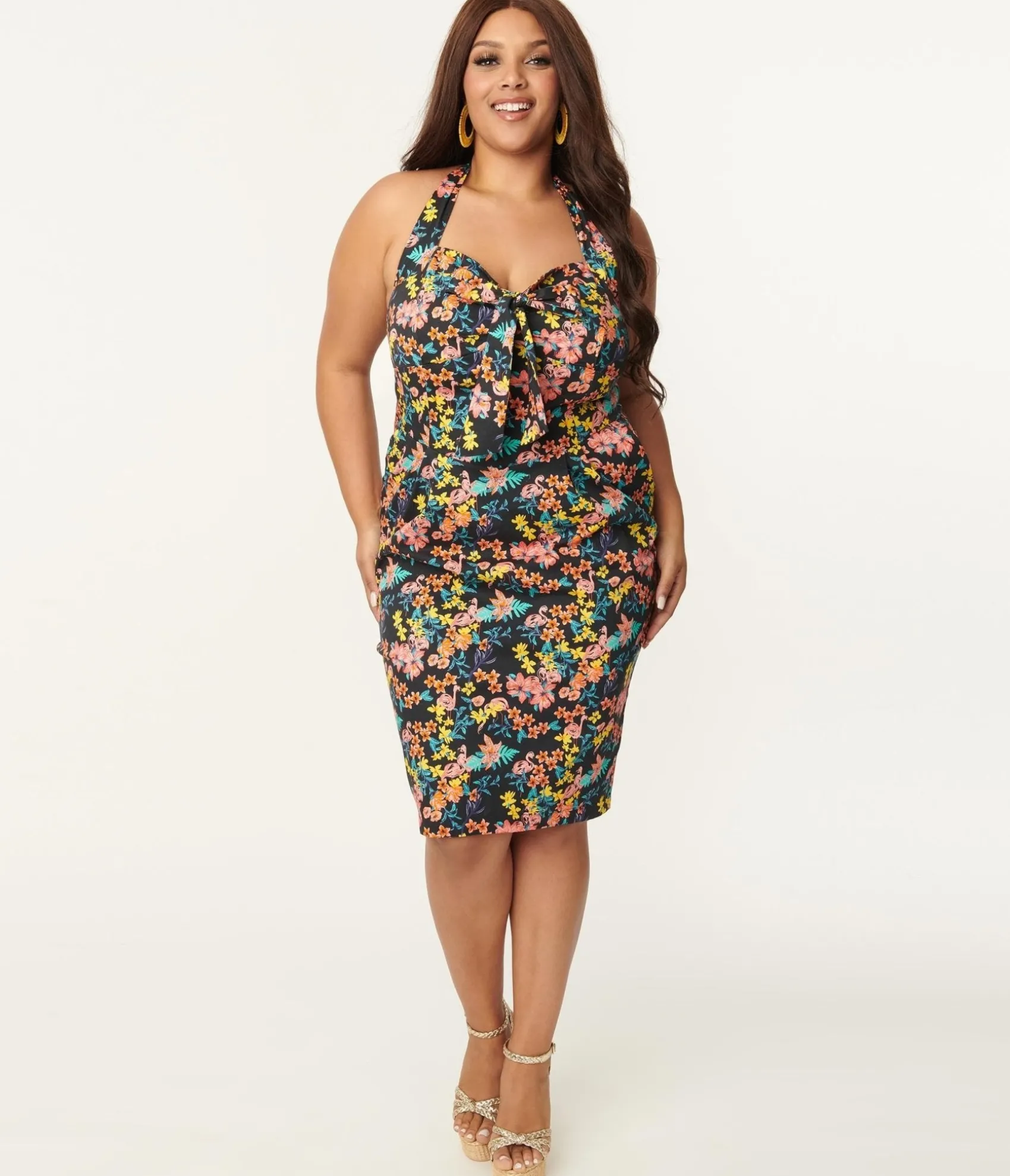 Unique Vintage Plus Size Black & Pink Floral Sally Wiggle Dress Hot