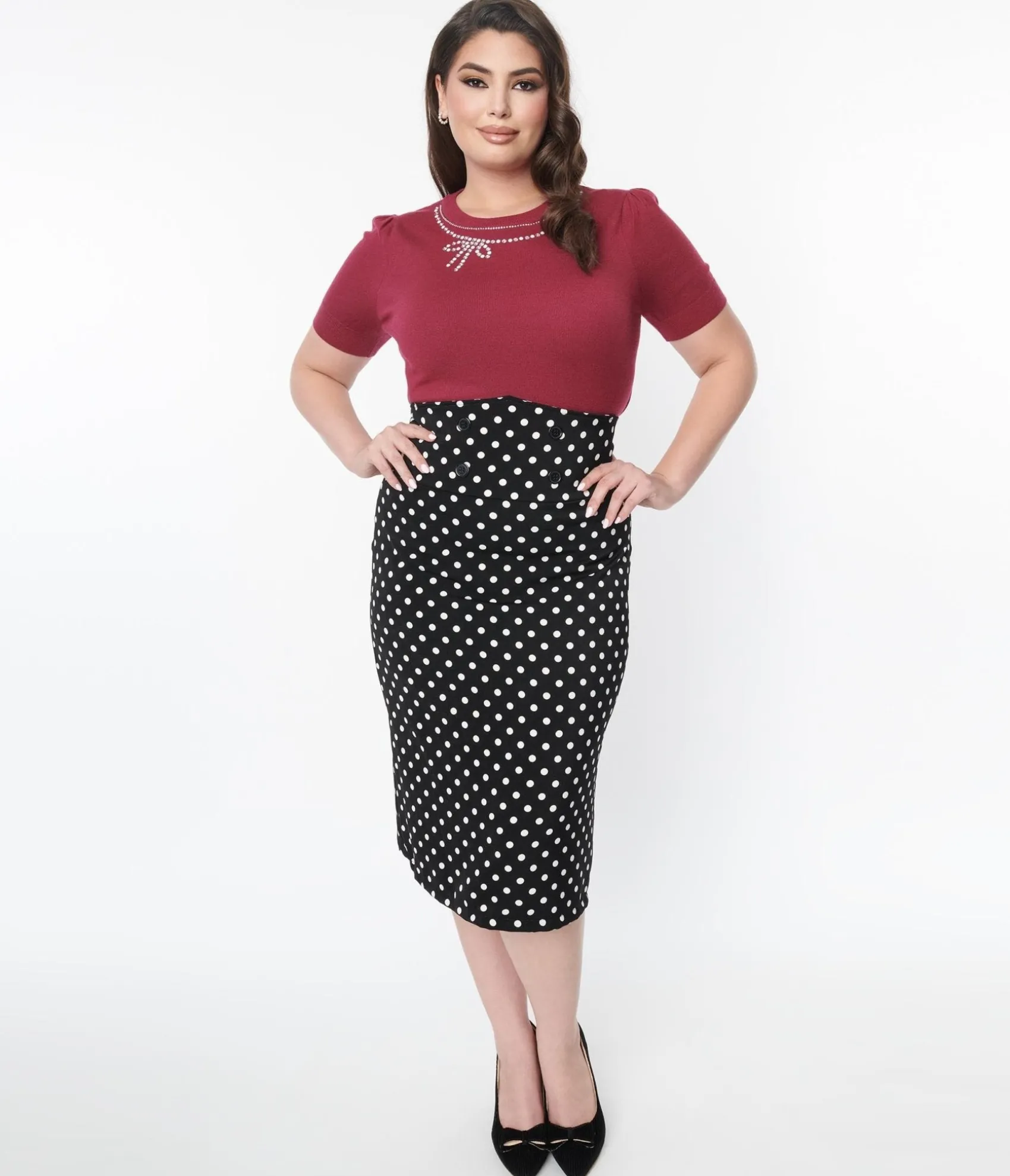 Unique Vintage Plus Size Black & White Polka Dot Wiggle Skirt Hot