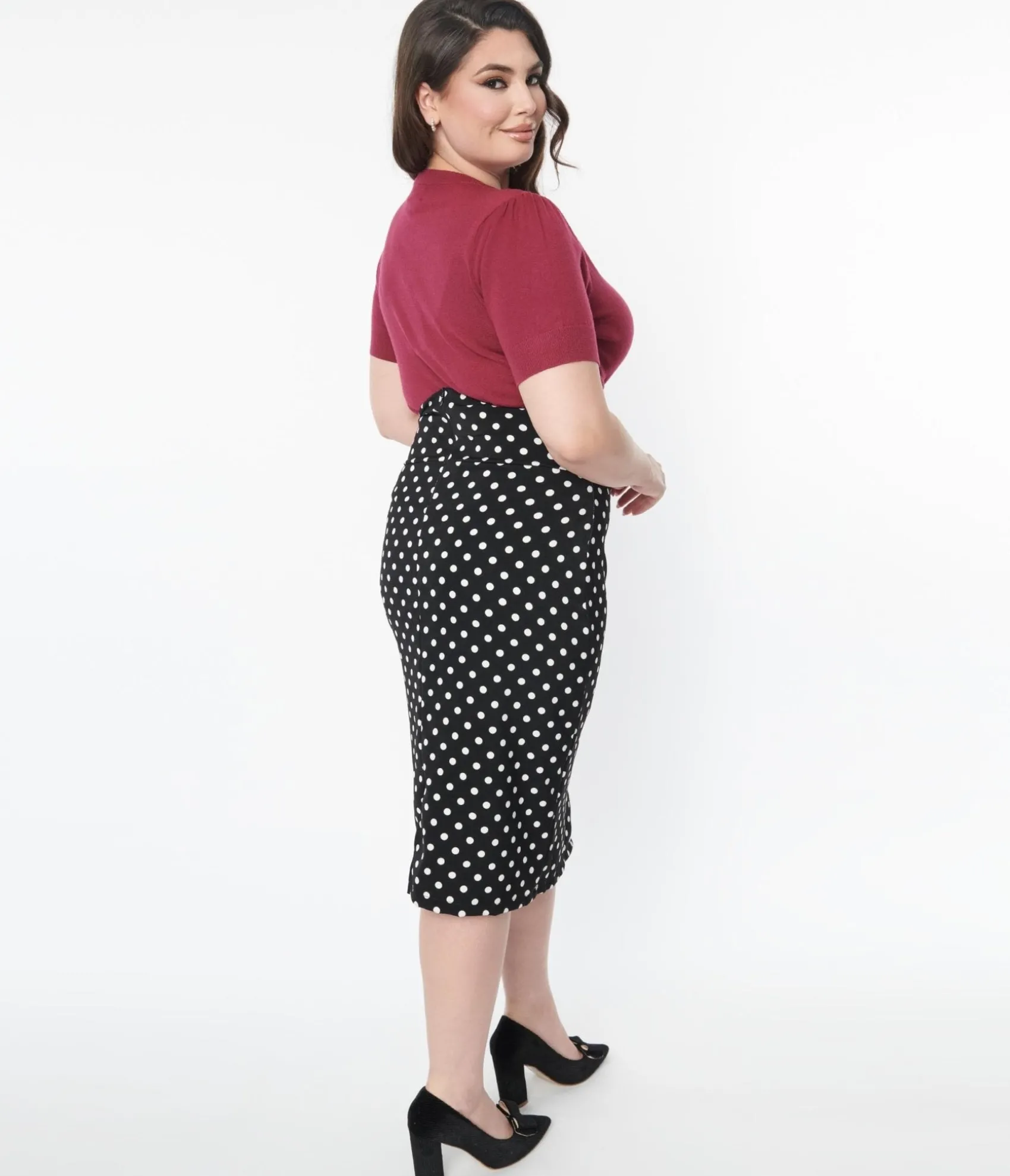 Unique Vintage Plus Size Black & White Polka Dot Wiggle Skirt Hot