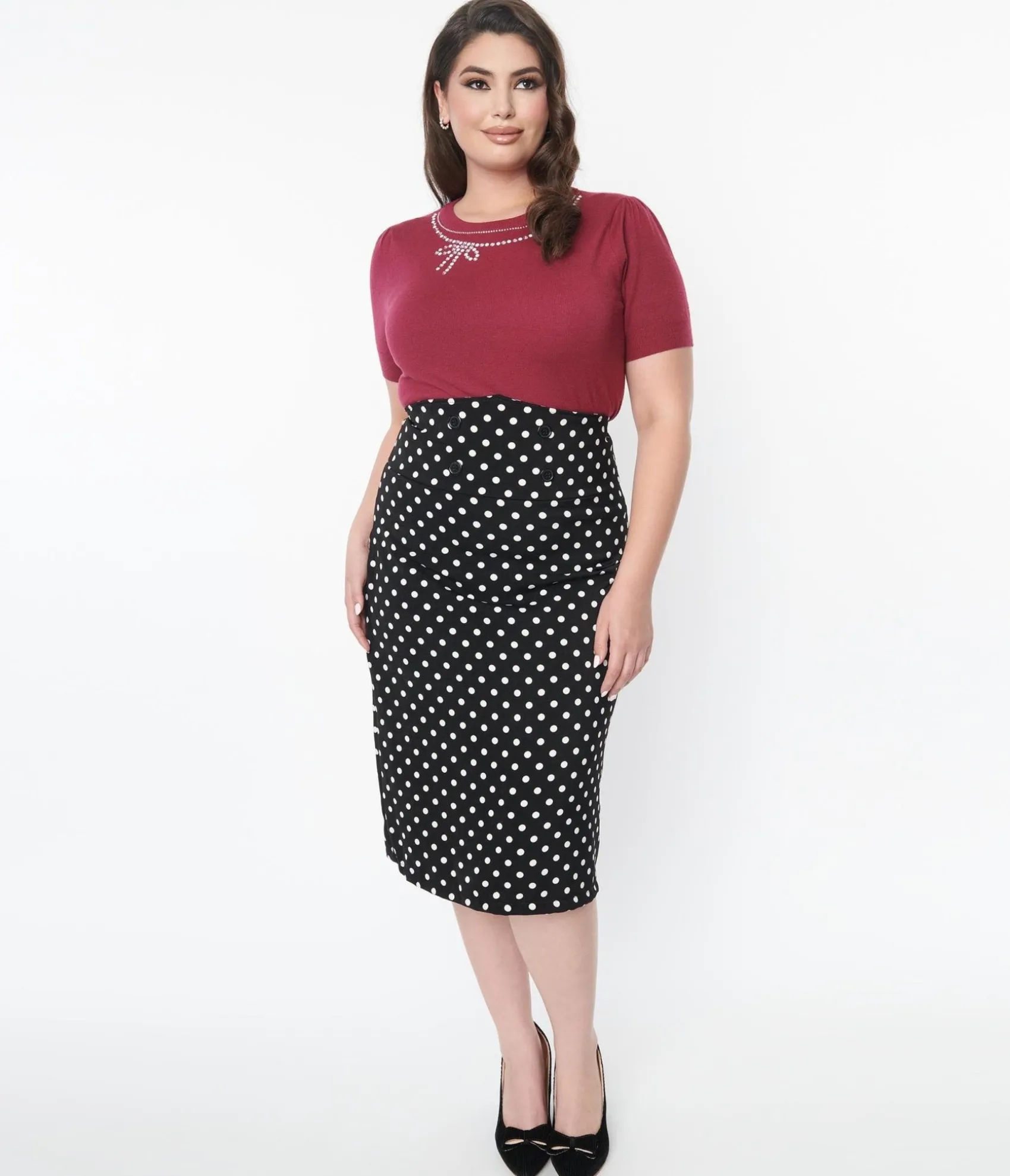 Unique Vintage Plus Size Black & White Polka Dot Wiggle Skirt Hot