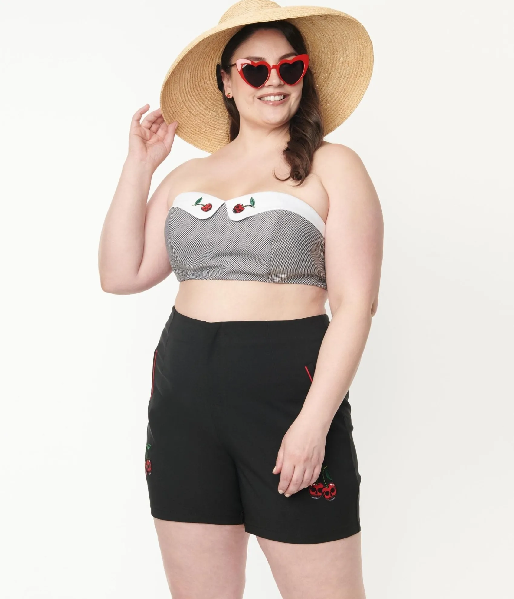 Unique Vintage Plus Size Black Gingham & Cherry Skull Bandeau Crop Top Outlet