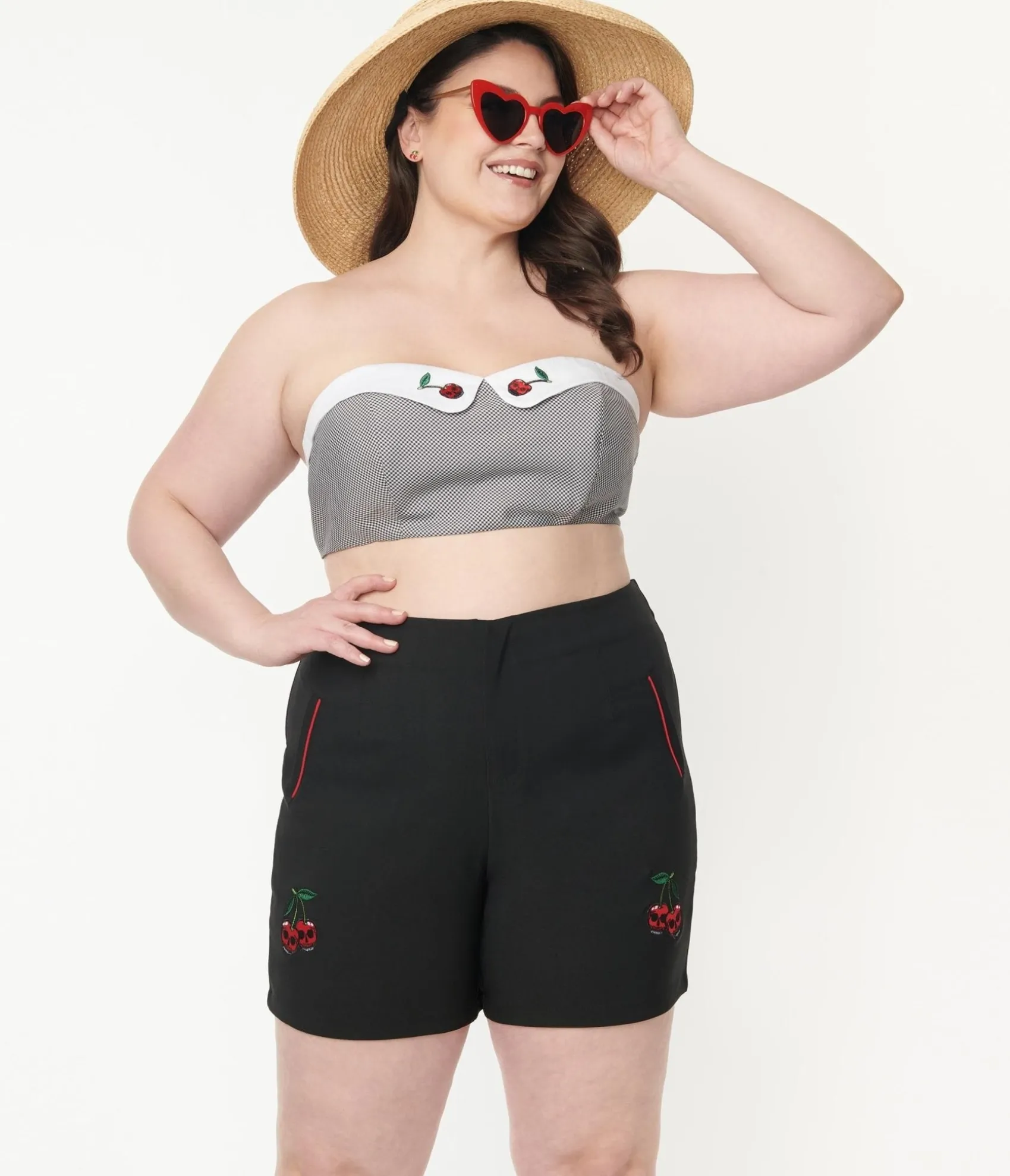 Unique Vintage Plus Size Black Gingham & Cherry Skull Bandeau Crop Top Outlet