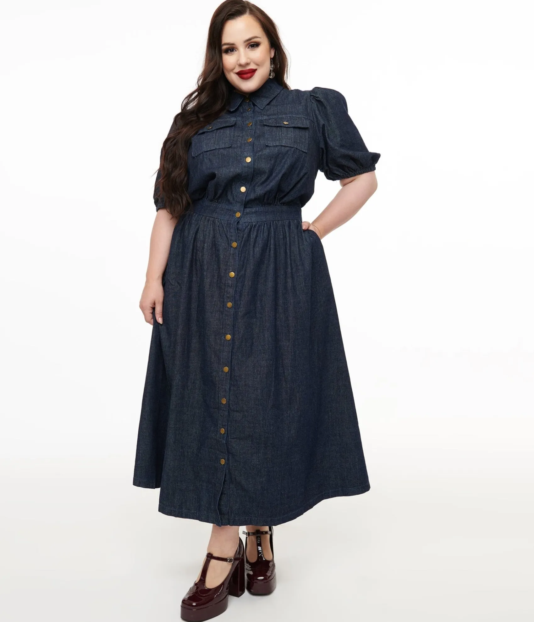 Unique Vintage Plus Size Blue Denim Get The Look Midi Dress Outlet