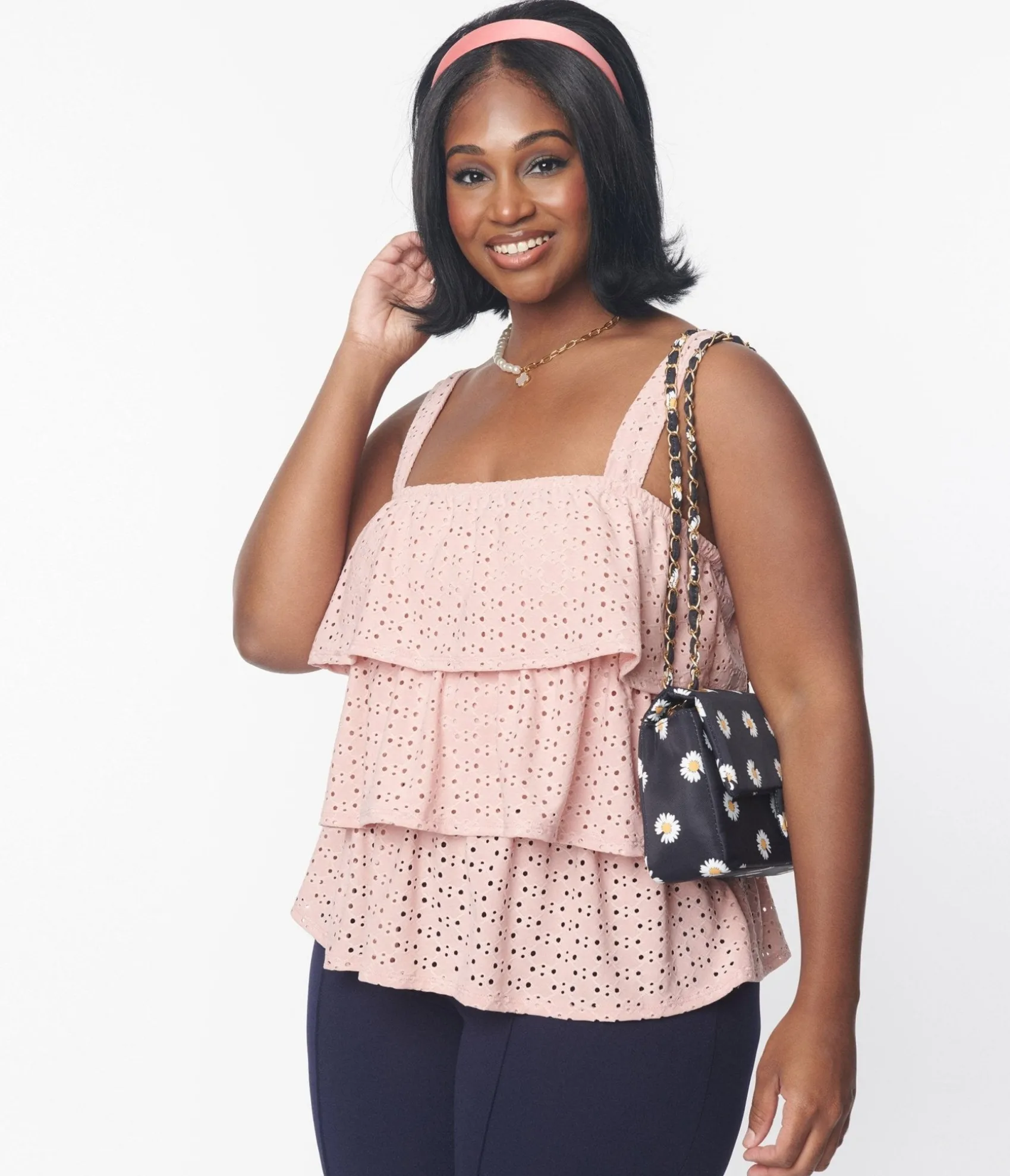 Unique Vintage Plus Size Blush Pink Eyelet Tiered Crop Top Fashion