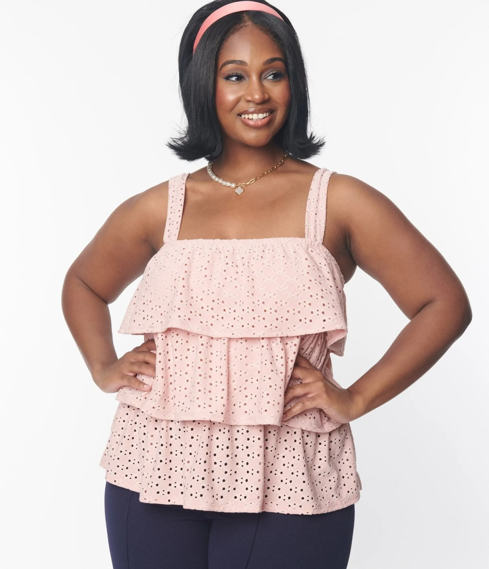 Unique Vintage Plus Size Blush Pink Eyelet Tiered Crop Top Fashion