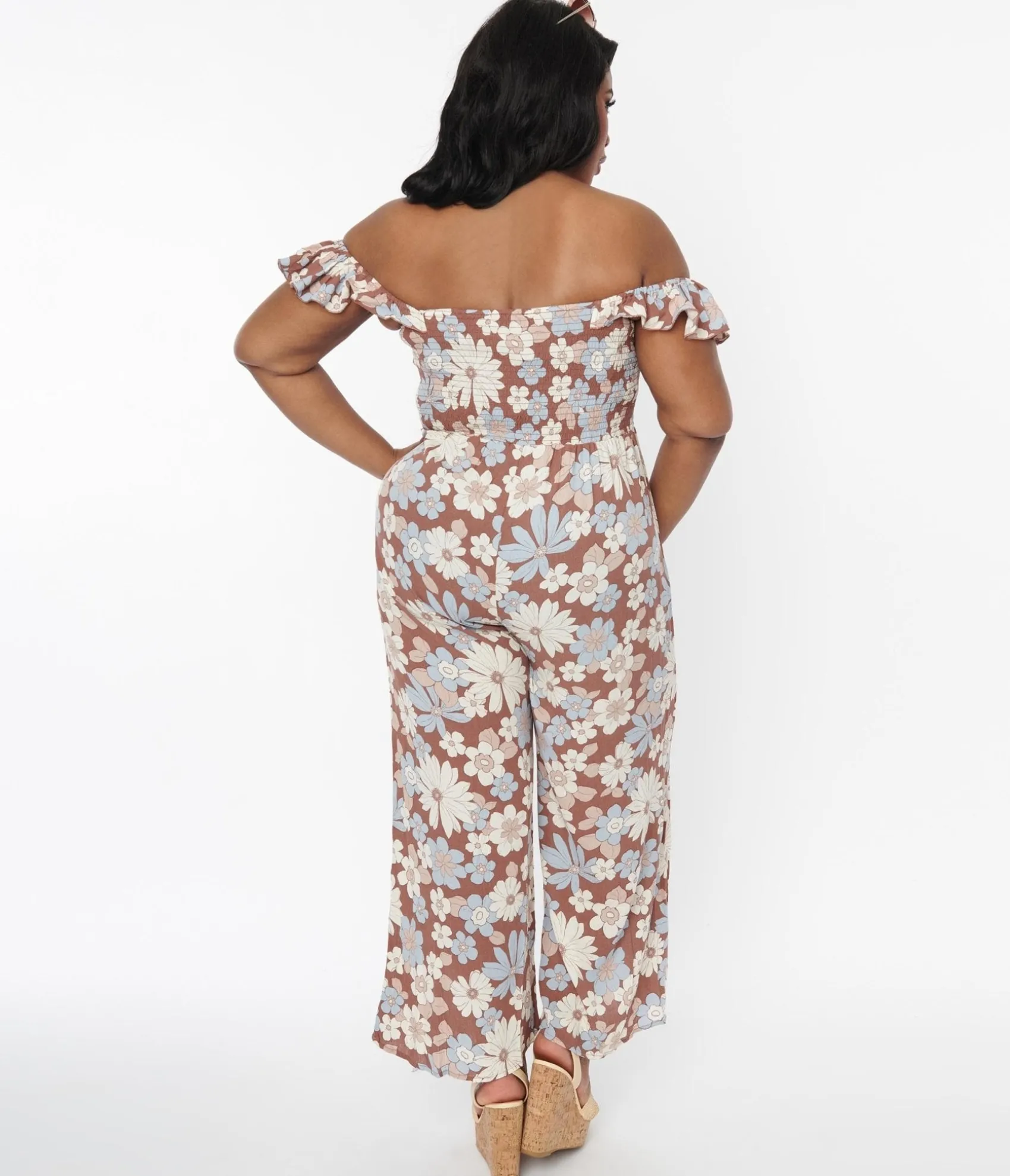 Unique Vintage Plus Size Brown & Muted Florals Off The Shoulder Jumpsuit Sale
