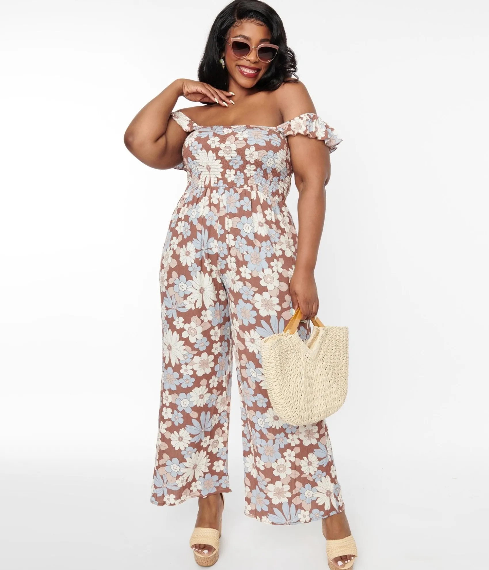 Unique Vintage Plus Size Brown & Muted Florals Off The Shoulder Jumpsuit Sale