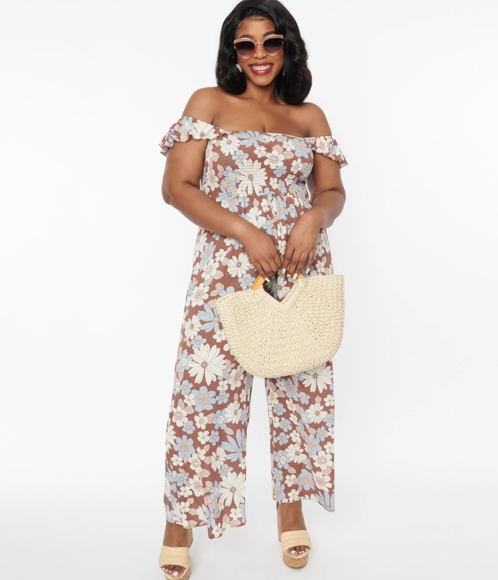 Unique Vintage Plus Size Brown & Muted Florals Off The Shoulder Jumpsuit Sale