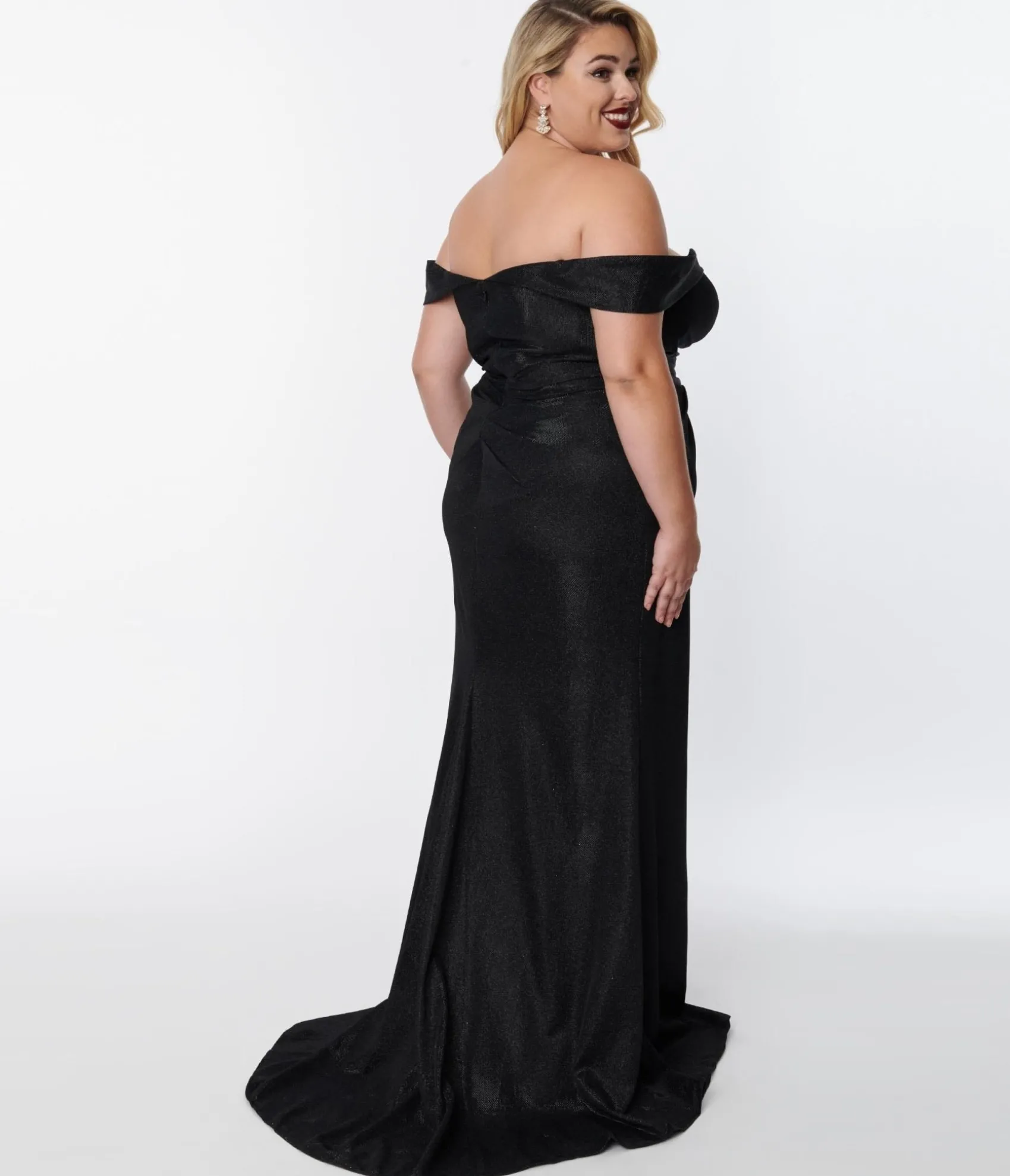 Unique Vintage Plus Size Elegant Black Shimmer Off The Shoulder Dress Store