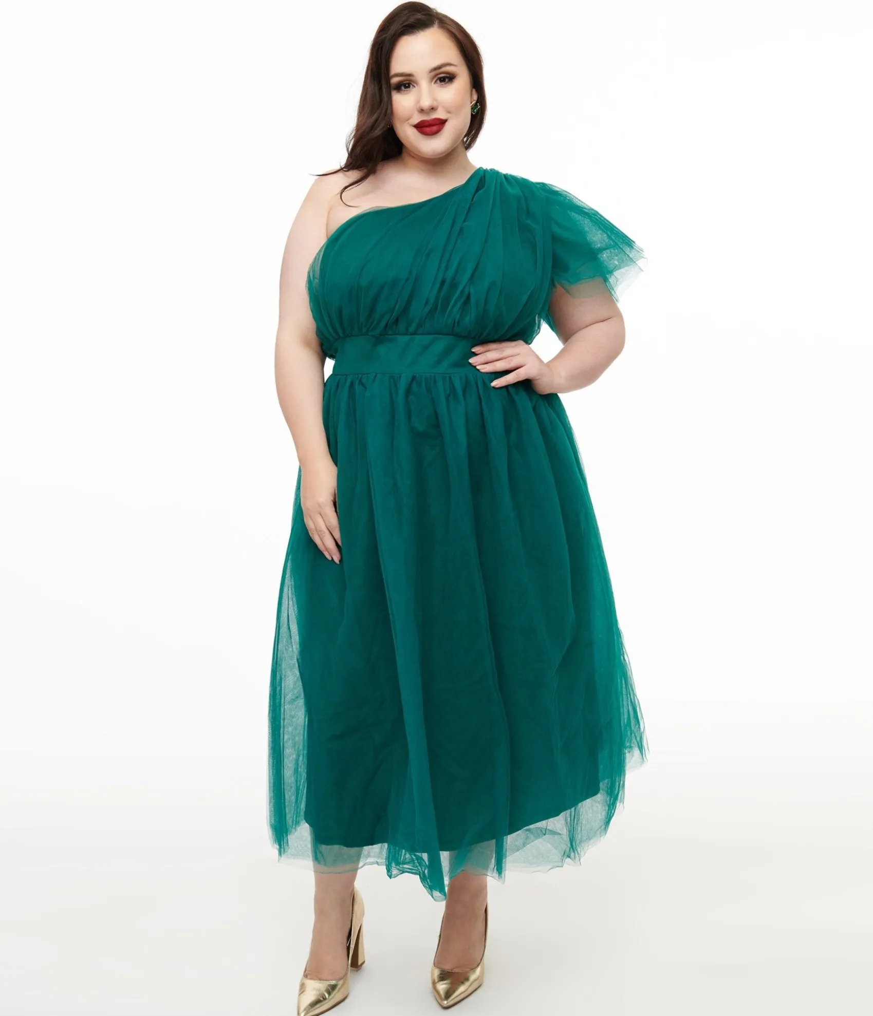 Unique Vintage Plus Size Emerald Tulle Lively Charm Midi Dress Flash Sale