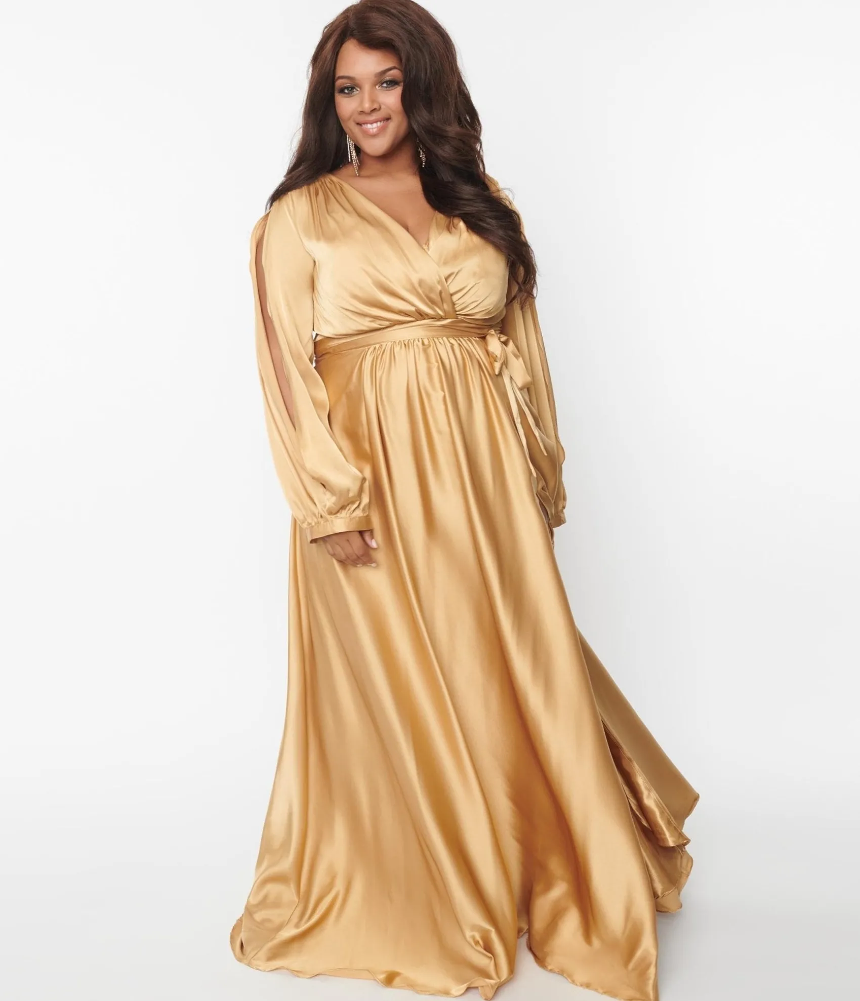 Unique Vintage Plus Size Gold Satin Long Sleeve Goddess Gown Sale