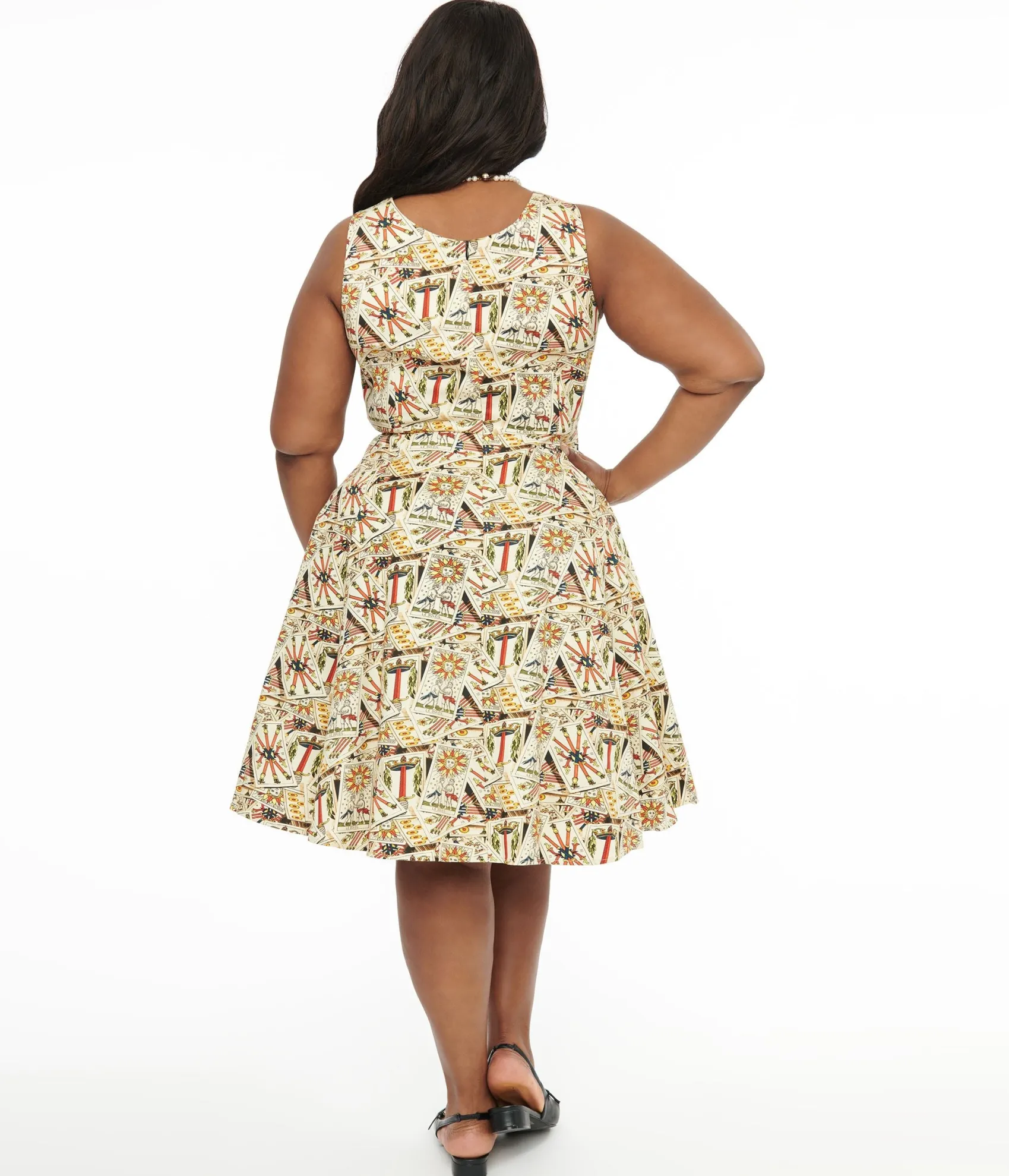 Unique Vintage Plus Size Ivory & Tarot Card Print Cotton Swing Dress Clearance
