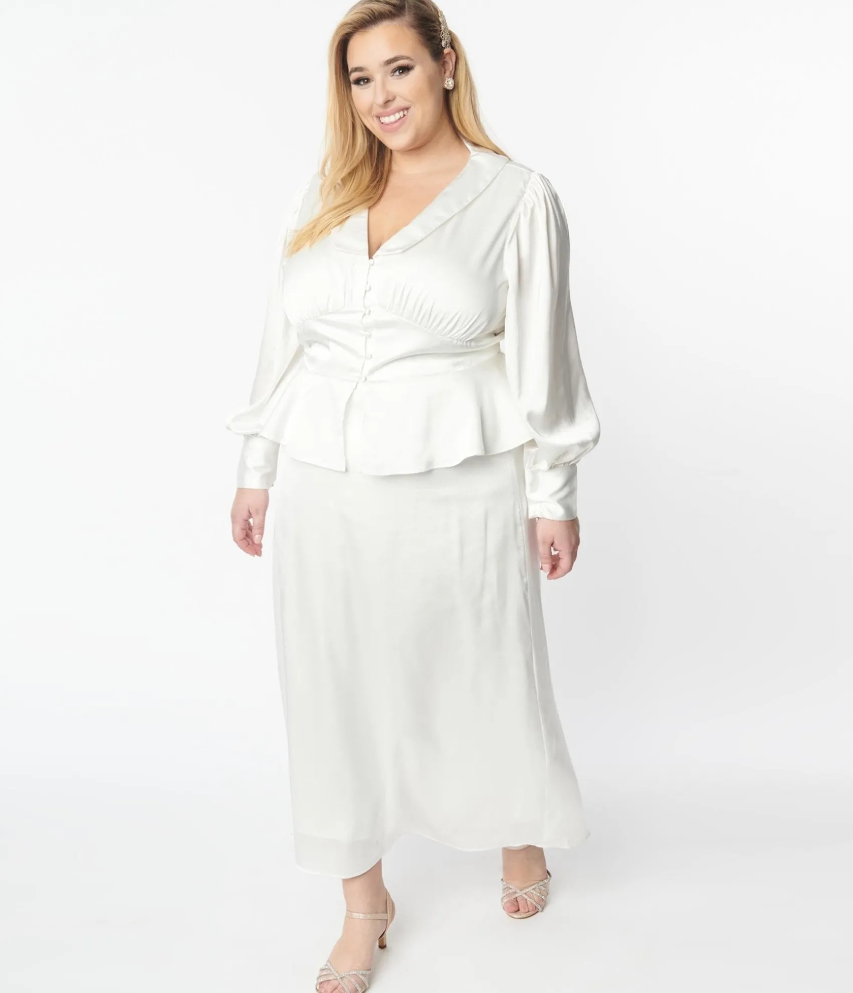 Unique Vintage Plus Size Ivory Long Sleeve Blouse & Midi Skirt Bridal Set Store