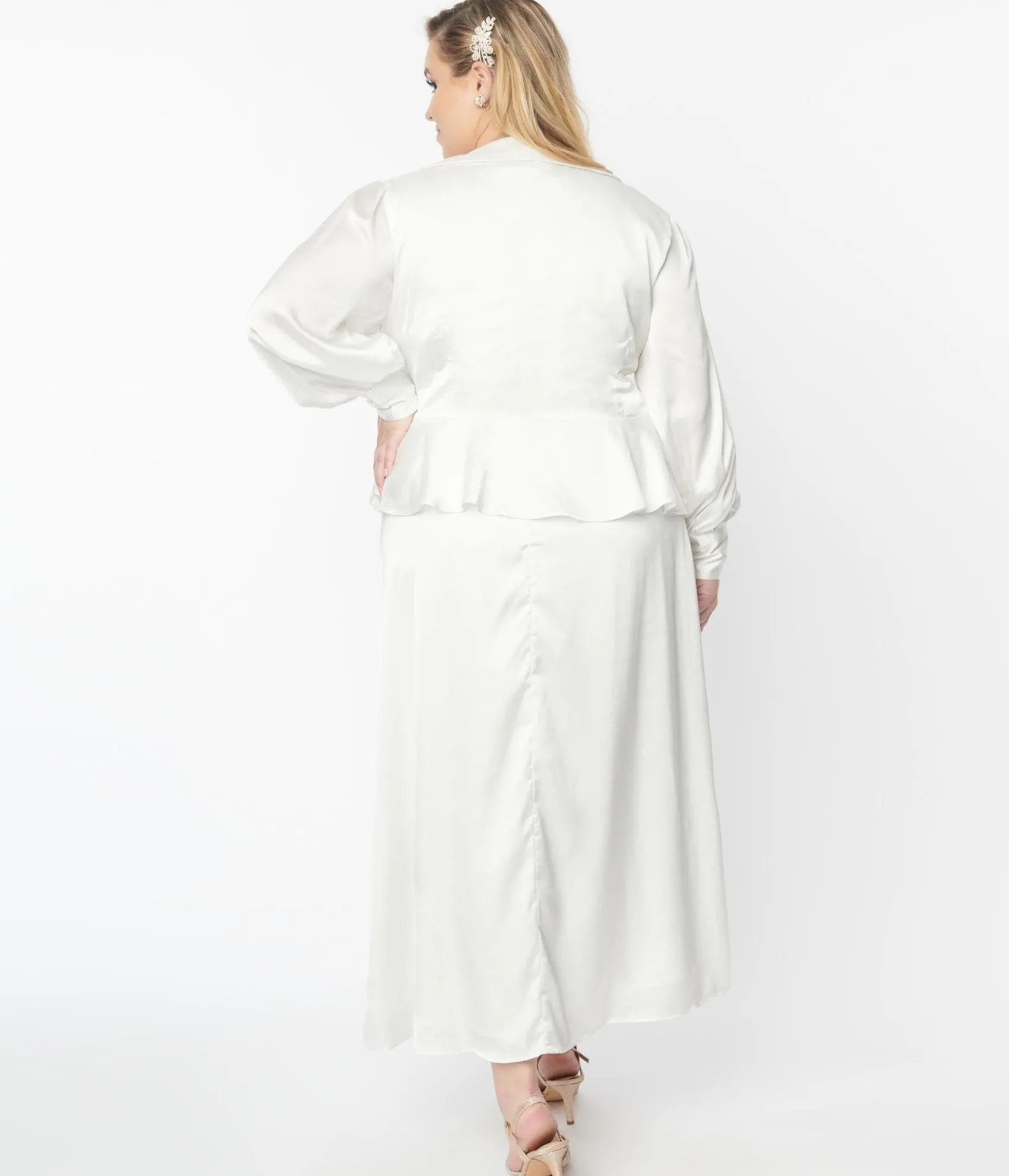 Unique Vintage Plus Size Ivory Long Sleeve Blouse & Midi Skirt Bridal Set Store