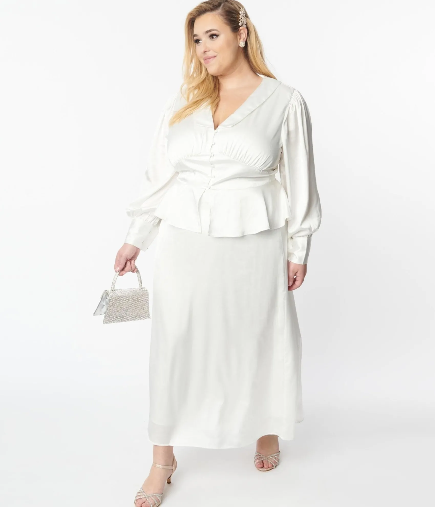 Unique Vintage Plus Size Ivory Long Sleeve Blouse & Midi Skirt Bridal Set Store