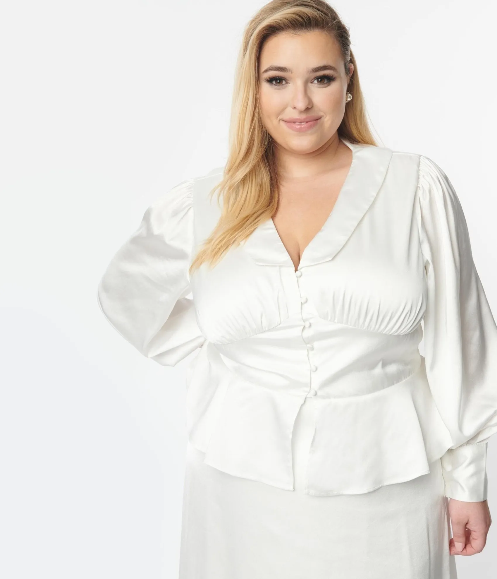 Unique Vintage Plus Size Ivory Long Sleeve Blouse & Midi Skirt Bridal Set Store