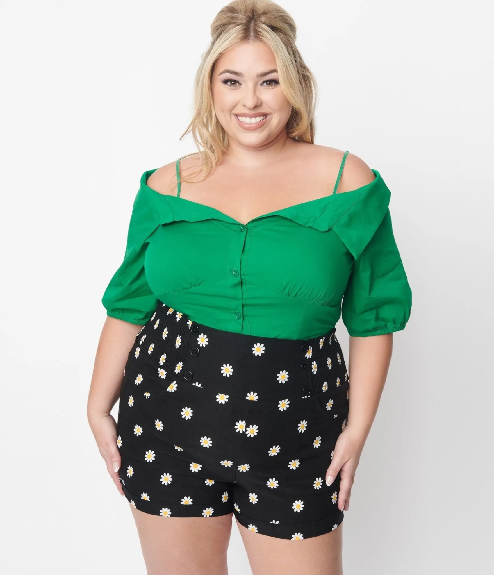 Unique Vintage Plus Size Kelly Green Off The Shoulder Collared Top Online