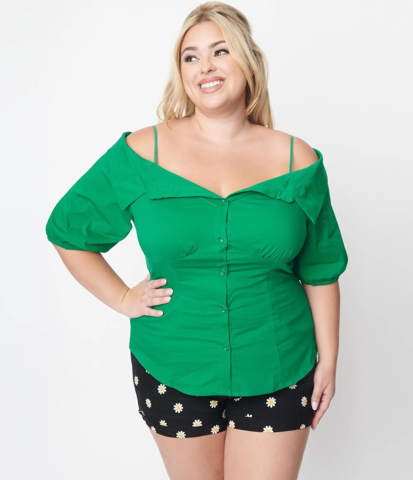 Unique Vintage Plus Size Kelly Green Off The Shoulder Collared Top Online
