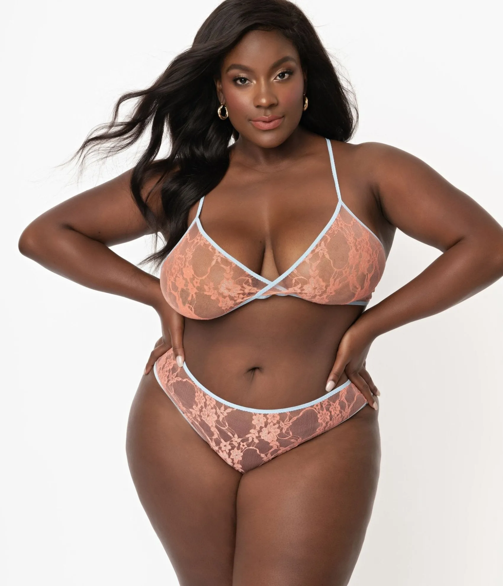 Unique Vintage Plus Size Light Blue & Peach Sheer Lace Cheeky Underwear Outlet