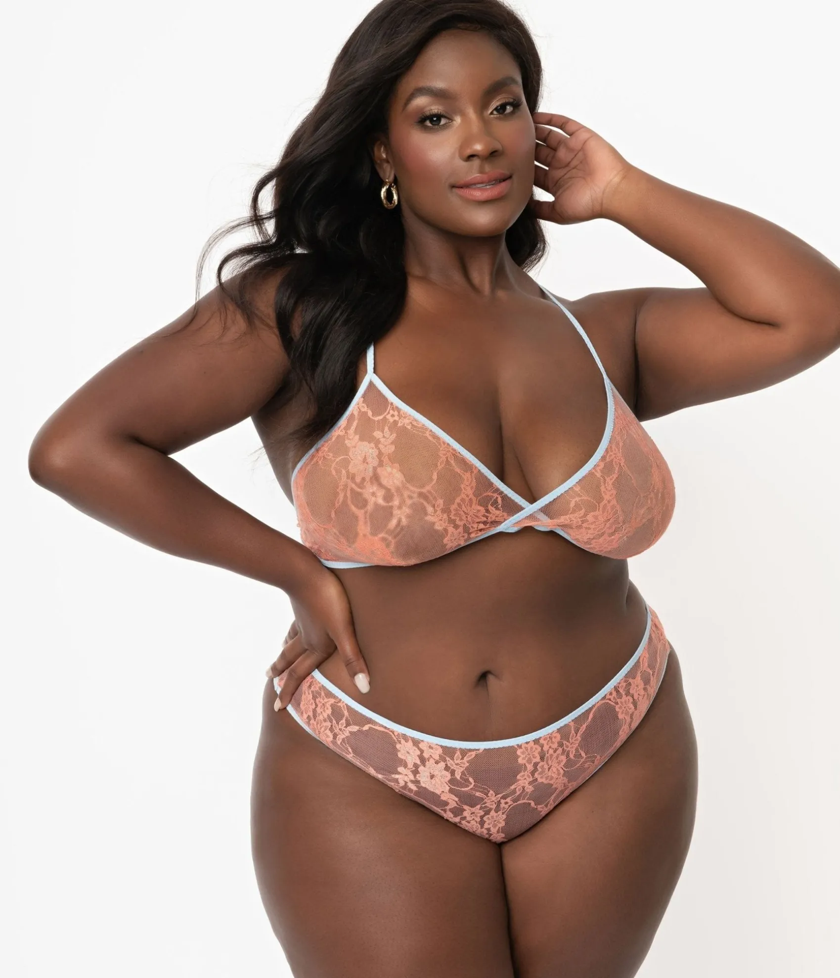 Unique Vintage Plus Size Light Blue & Peach Sheer Lace Cheeky Underwear Outlet