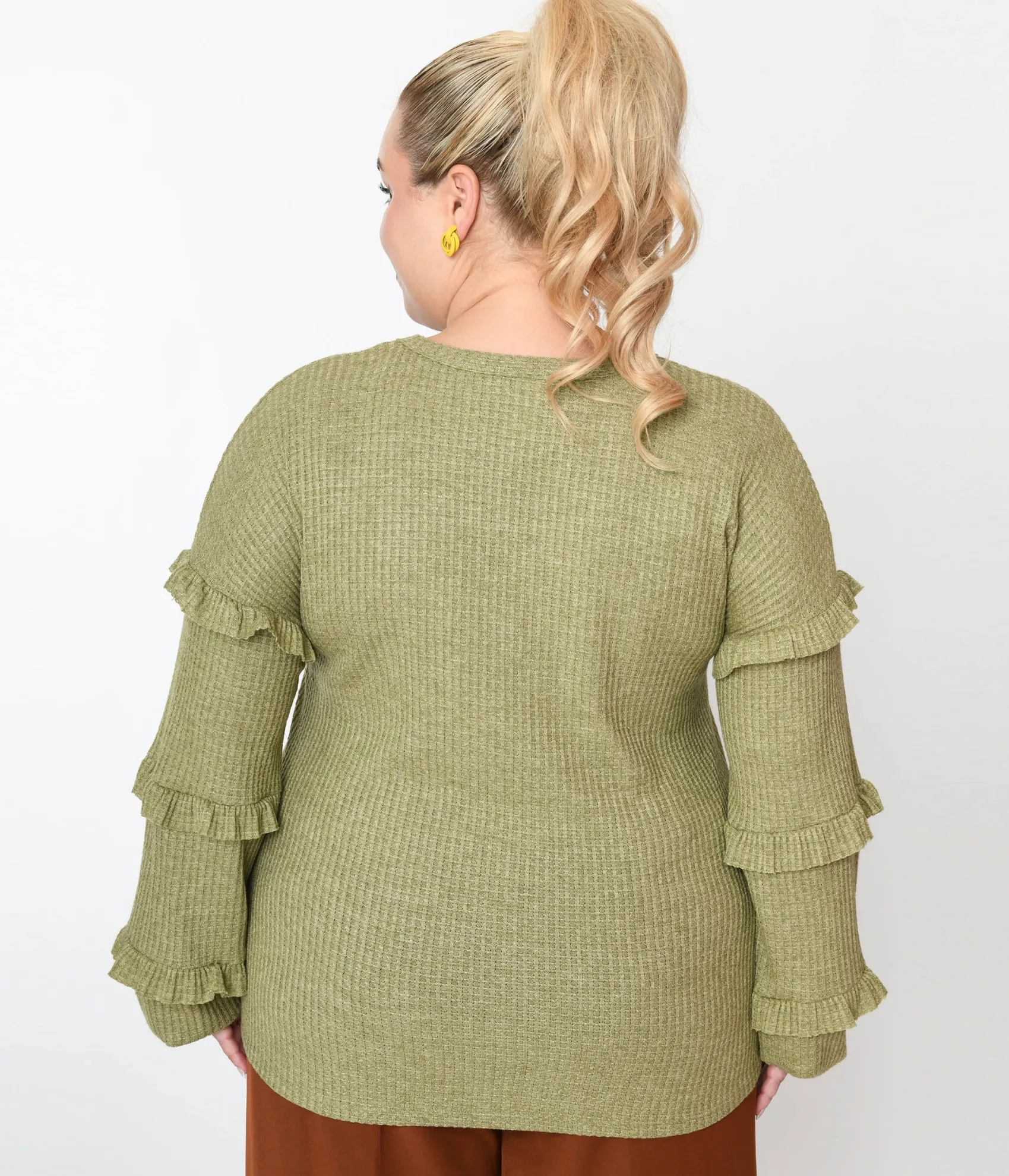 Unique Vintage Plus Size Olive Green Ruffle Trim Ribbed Pullover Sweater Best