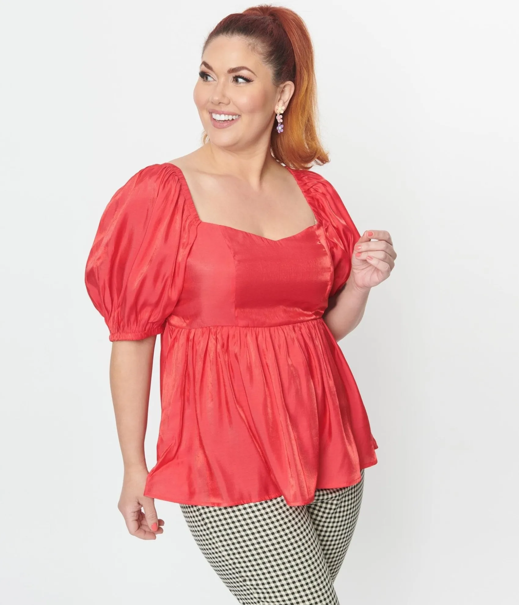 Unique Vintage Plus Size Red Shimmer Babydoll Top Flash Sale