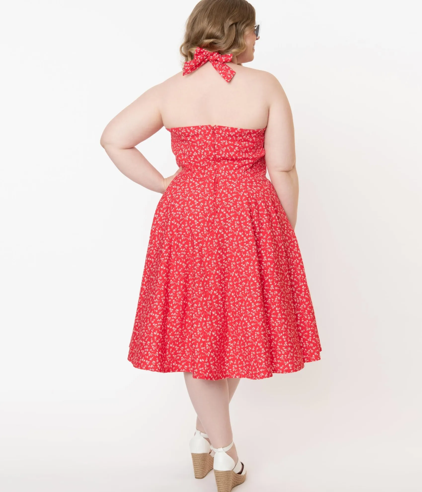 Unique Vintage Plus Size Retro Red & White Floral Halter Kimberly Swing Dress Clearance