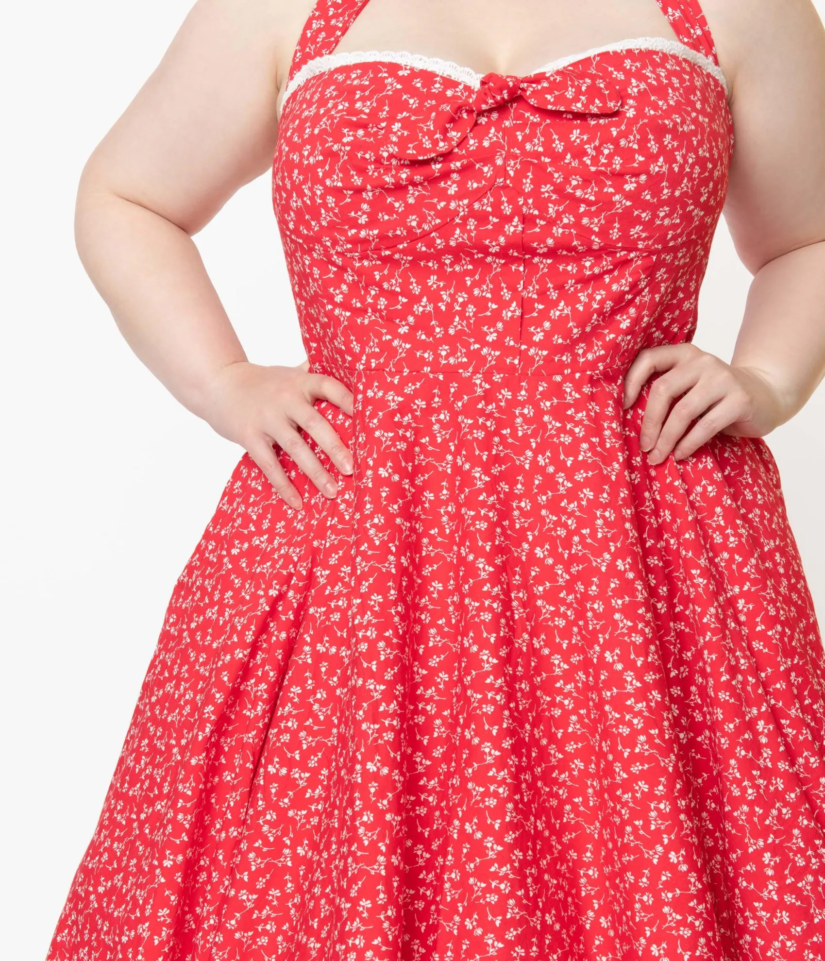 Unique Vintage Plus Size Retro Red & White Floral Halter Kimberly Swing Dress Clearance