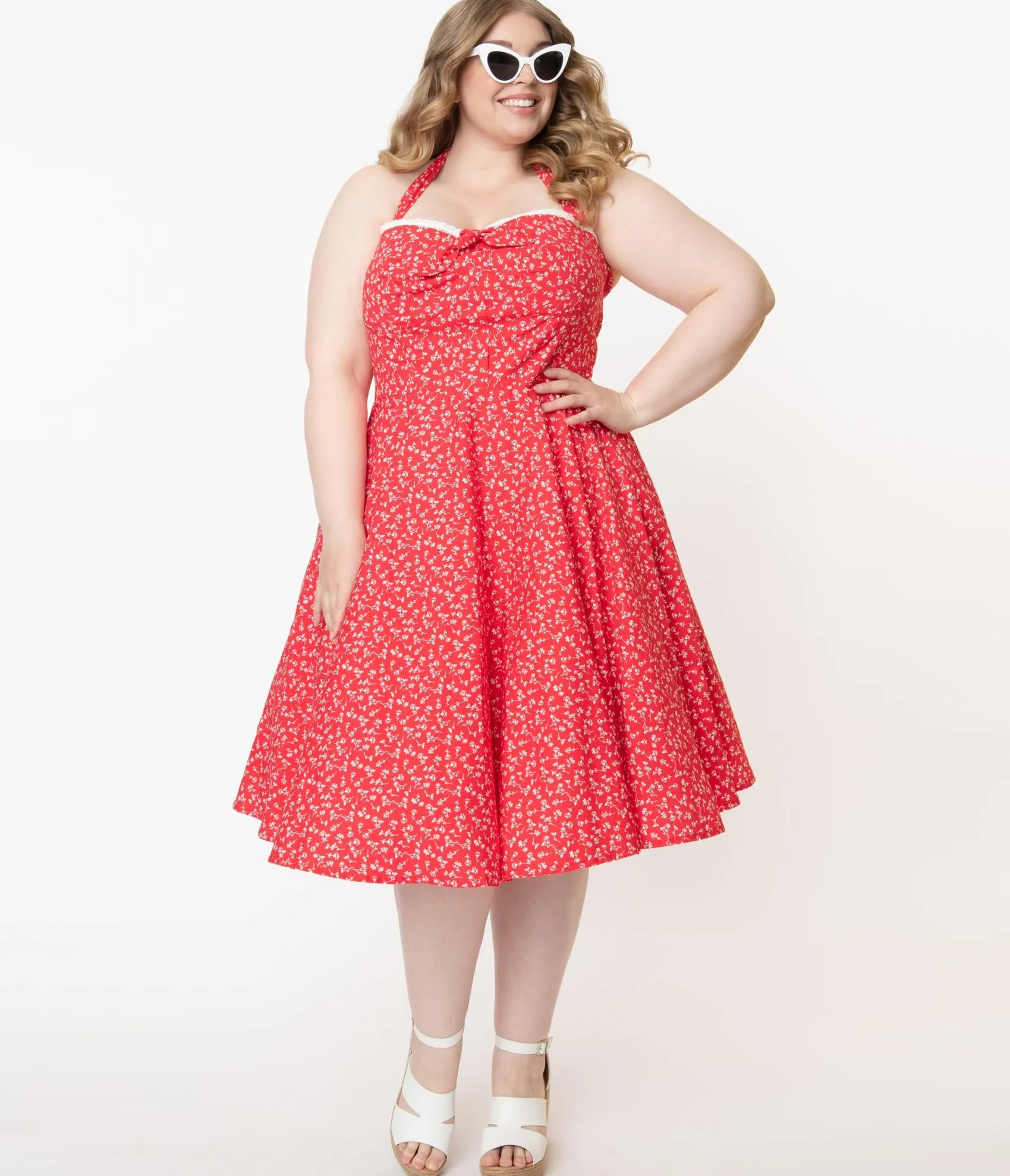 Unique Vintage Plus Size Retro Red & White Floral Halter Kimberly Swing Dress Clearance