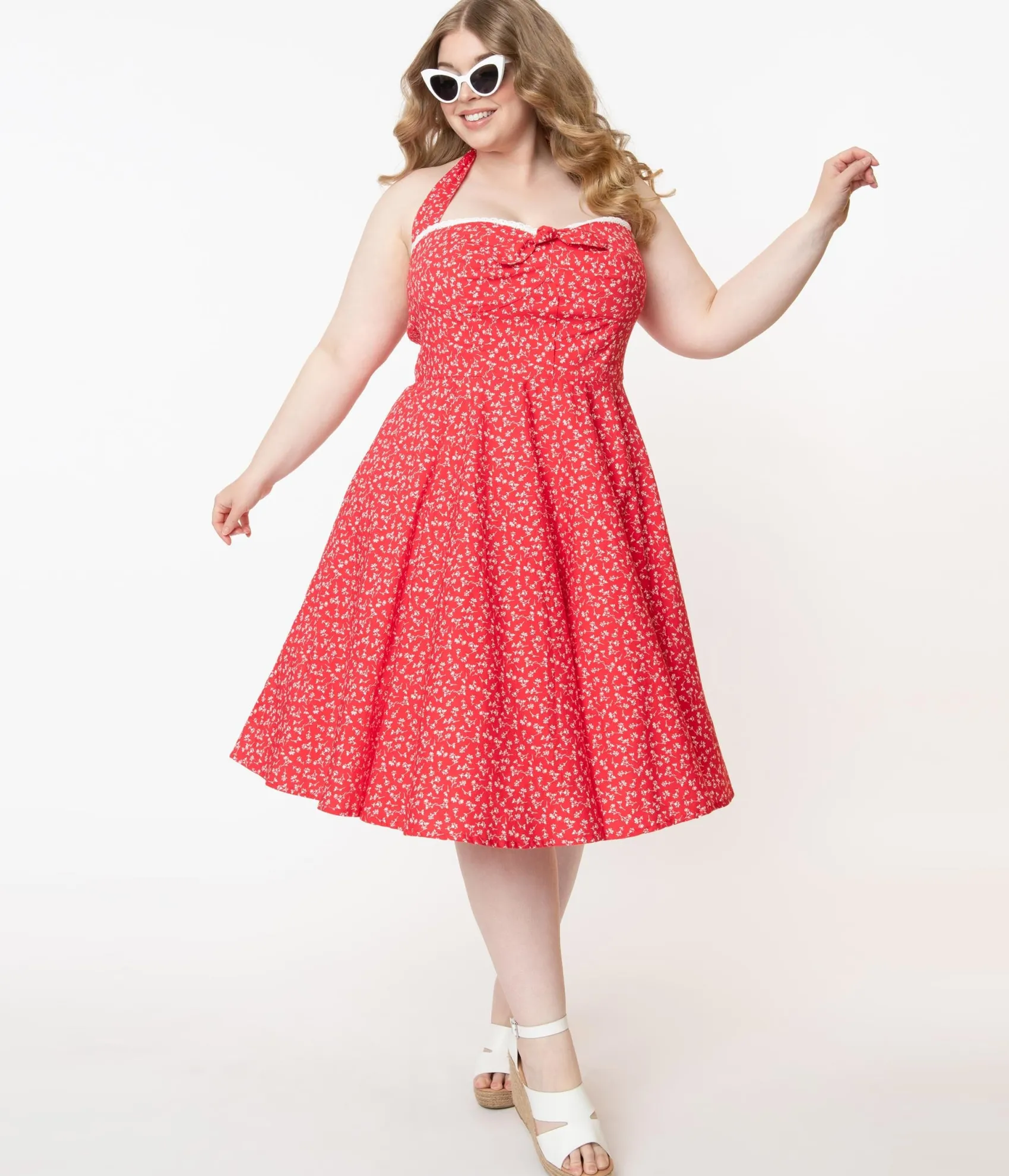 Unique Vintage Plus Size Retro Red & White Floral Halter Kimberly Swing Dress Clearance