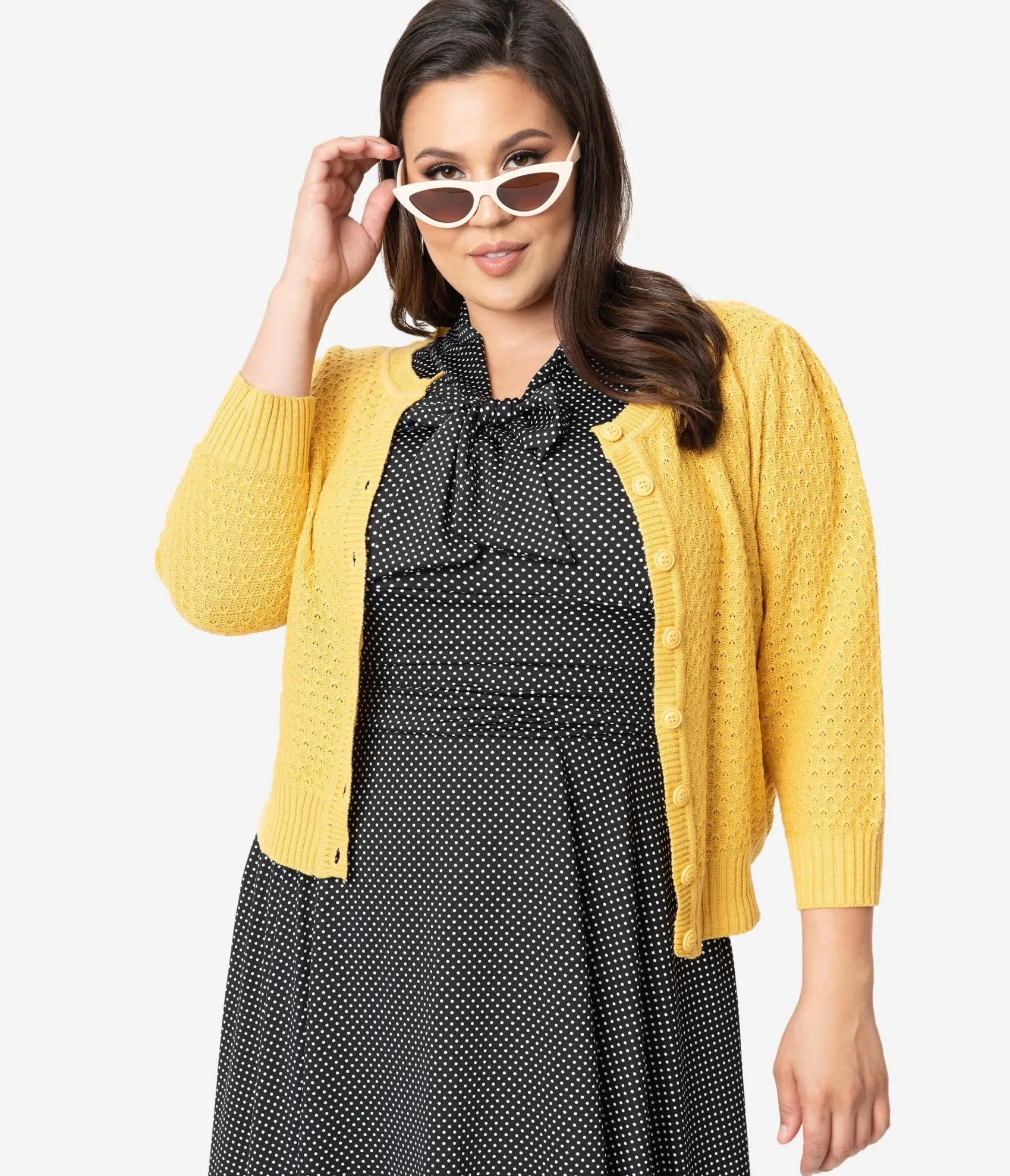 Unique Vintage Plus Size Retro Style Honey Yellow Cotton Crochet Sleeved Button Cardigan Cheap