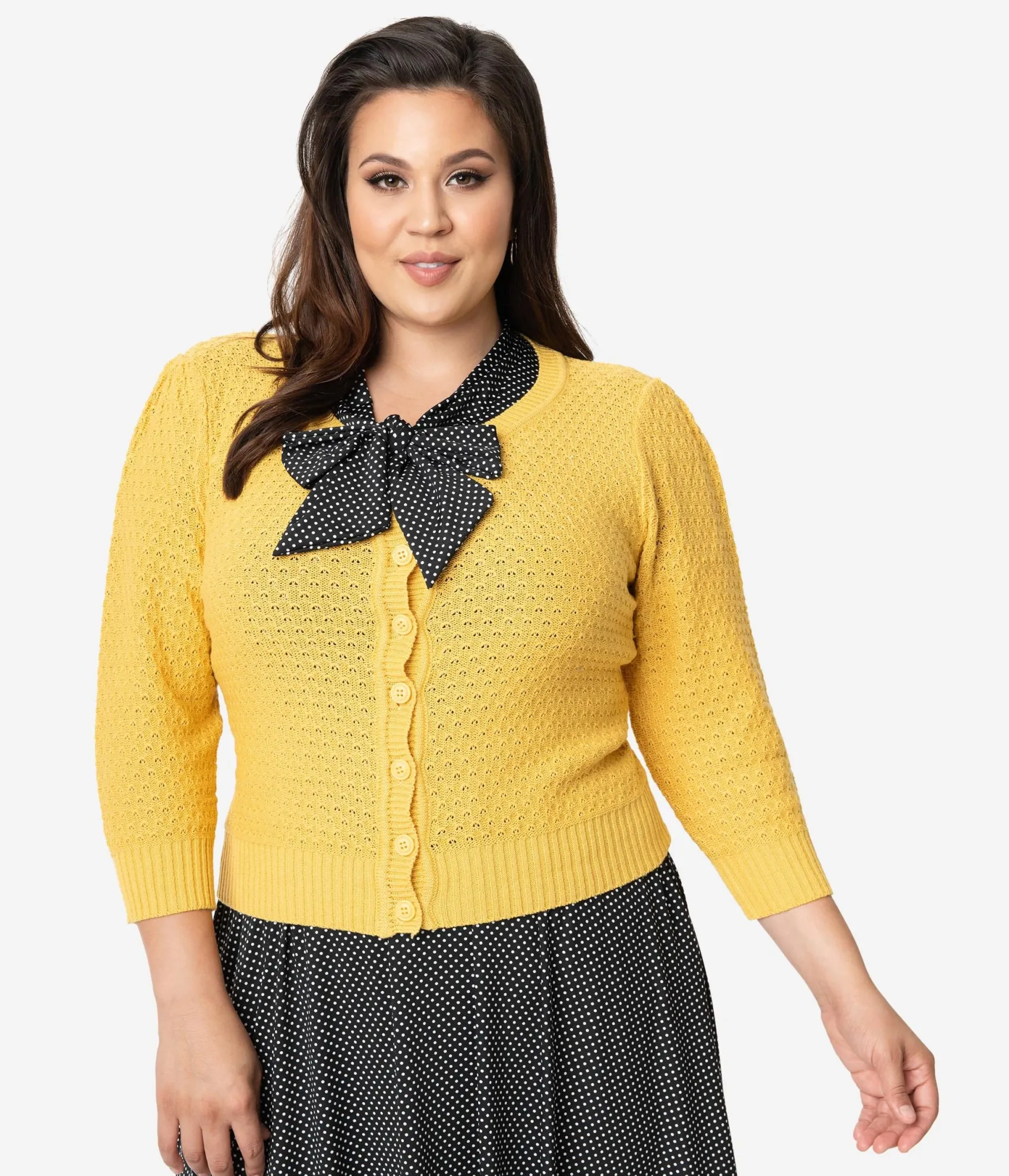 Unique Vintage Plus Size Retro Style Honey Yellow Cotton Crochet Sleeved Button Cardigan Cheap