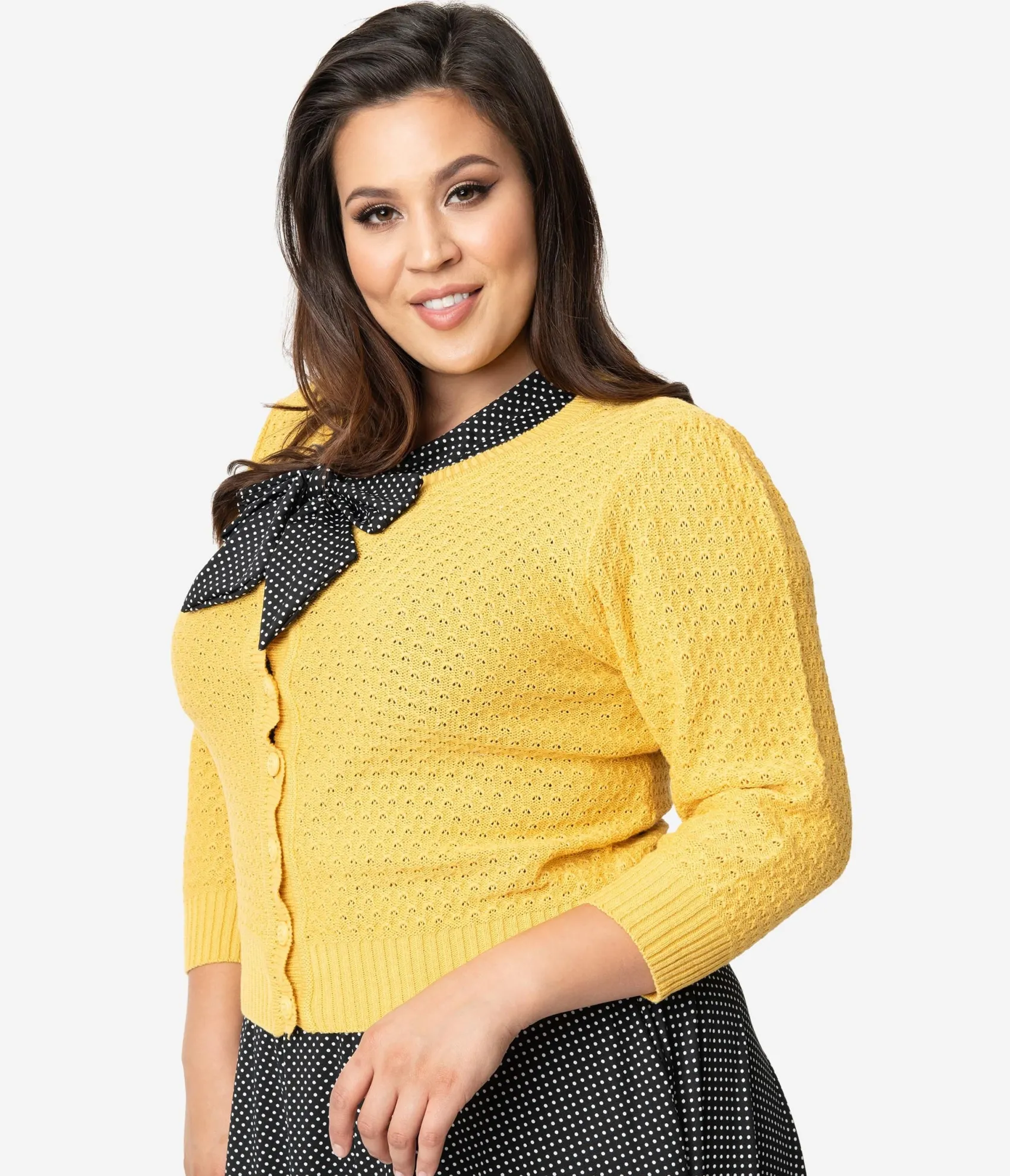 Unique Vintage Plus Size Retro Style Honey Yellow Cotton Crochet Sleeved Button Cardigan Cheap