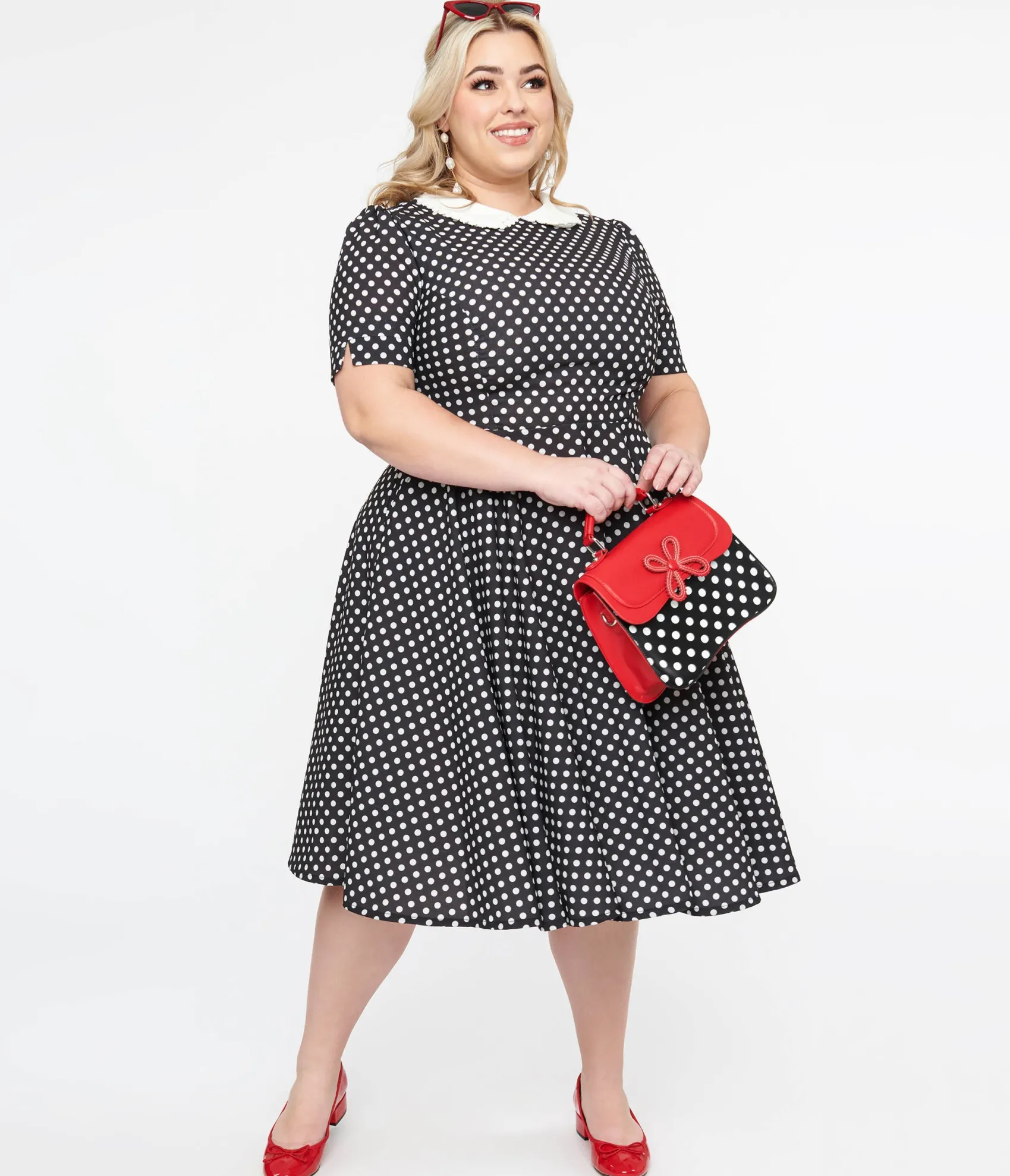 Unique Vintage Plus Size 1950s Black & White Polka Dot Brielle Swing Dress New