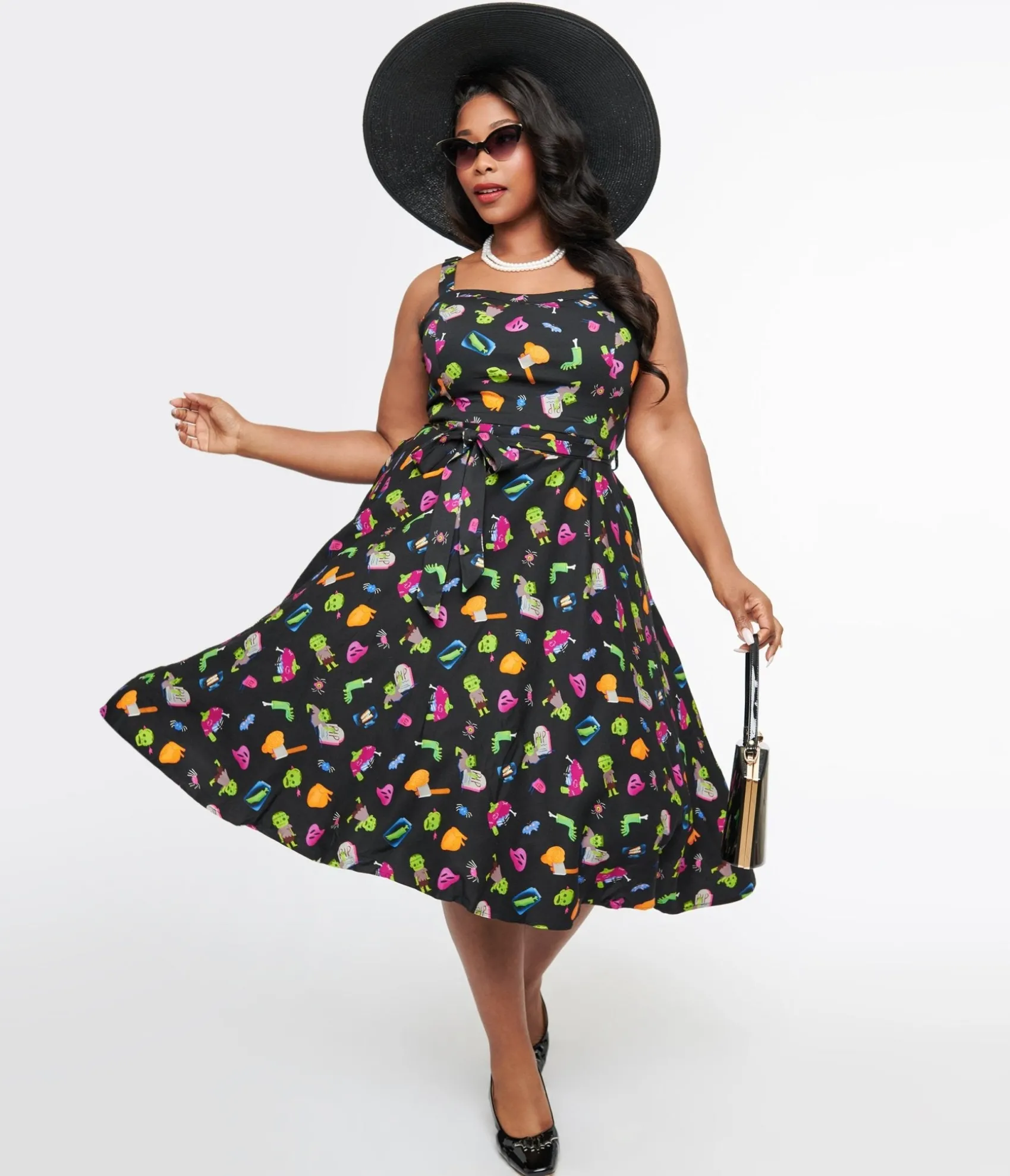 Unique Vintage Plus Size 1950s Black Zombie Print Lori Swing Dress Cheap