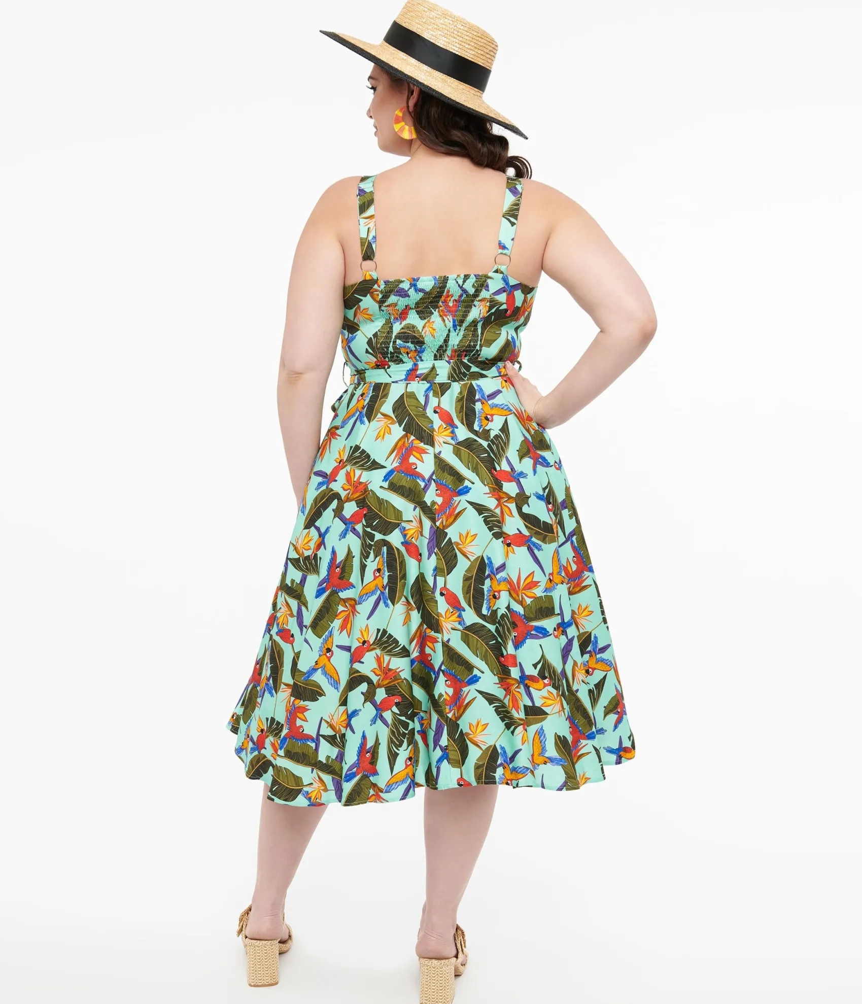 Unique Vintage Plus Size 1950s Blue & Green Tropical Parrot Print Lori Swing Dress Sale
