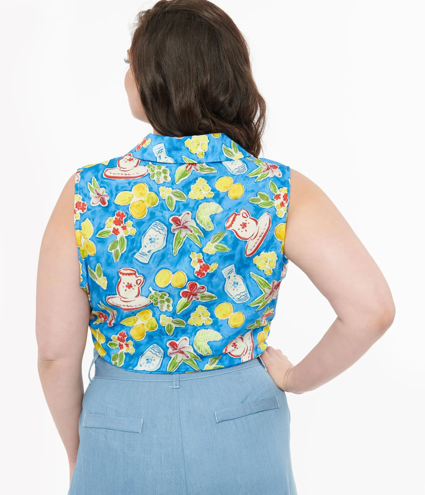 Unique Vintage Plus Size 1950s Blue Lemon In My Tea Print Crop Top Discount