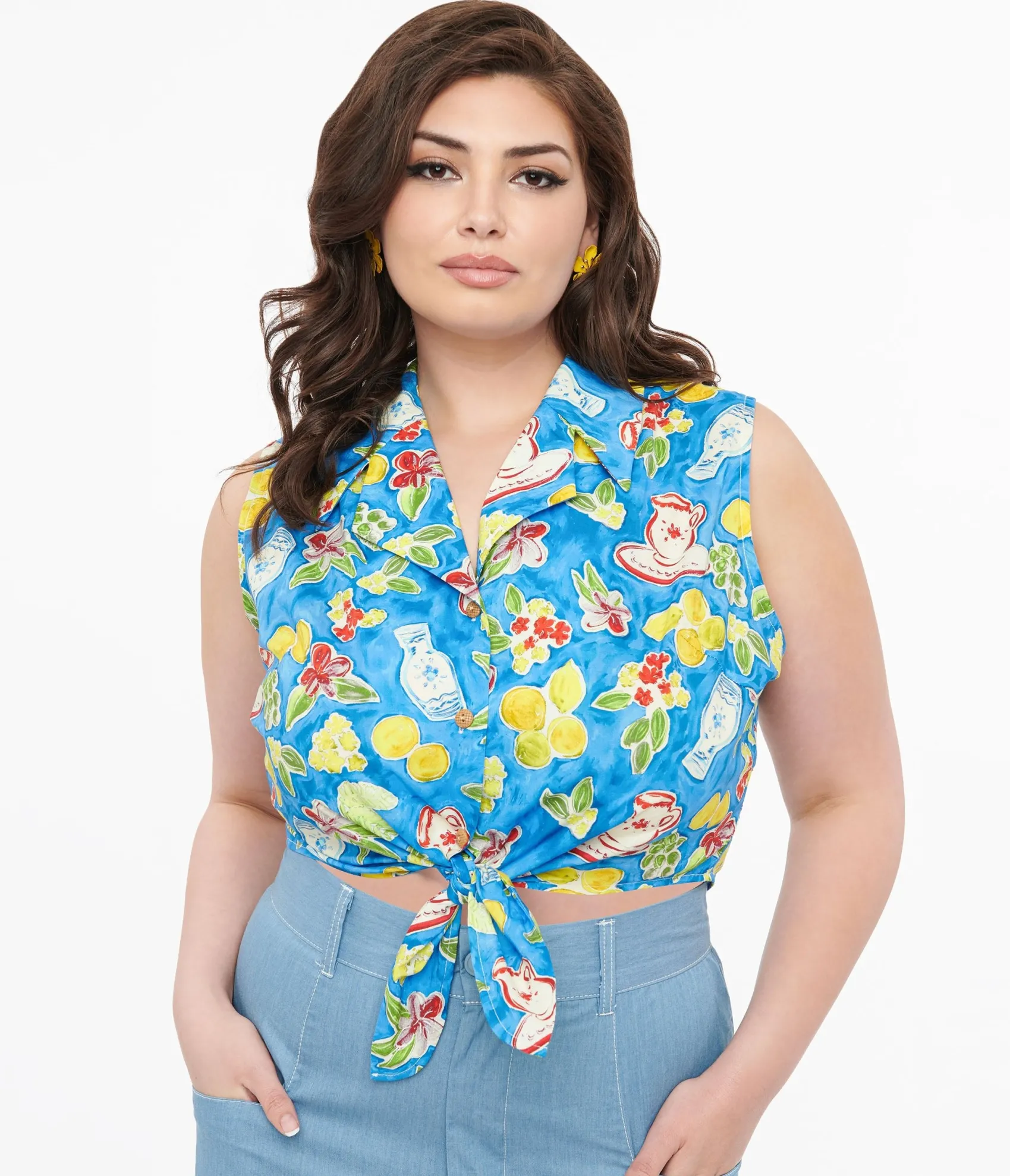 Unique Vintage Plus Size 1950s Blue Lemon In My Tea Print Crop Top Discount