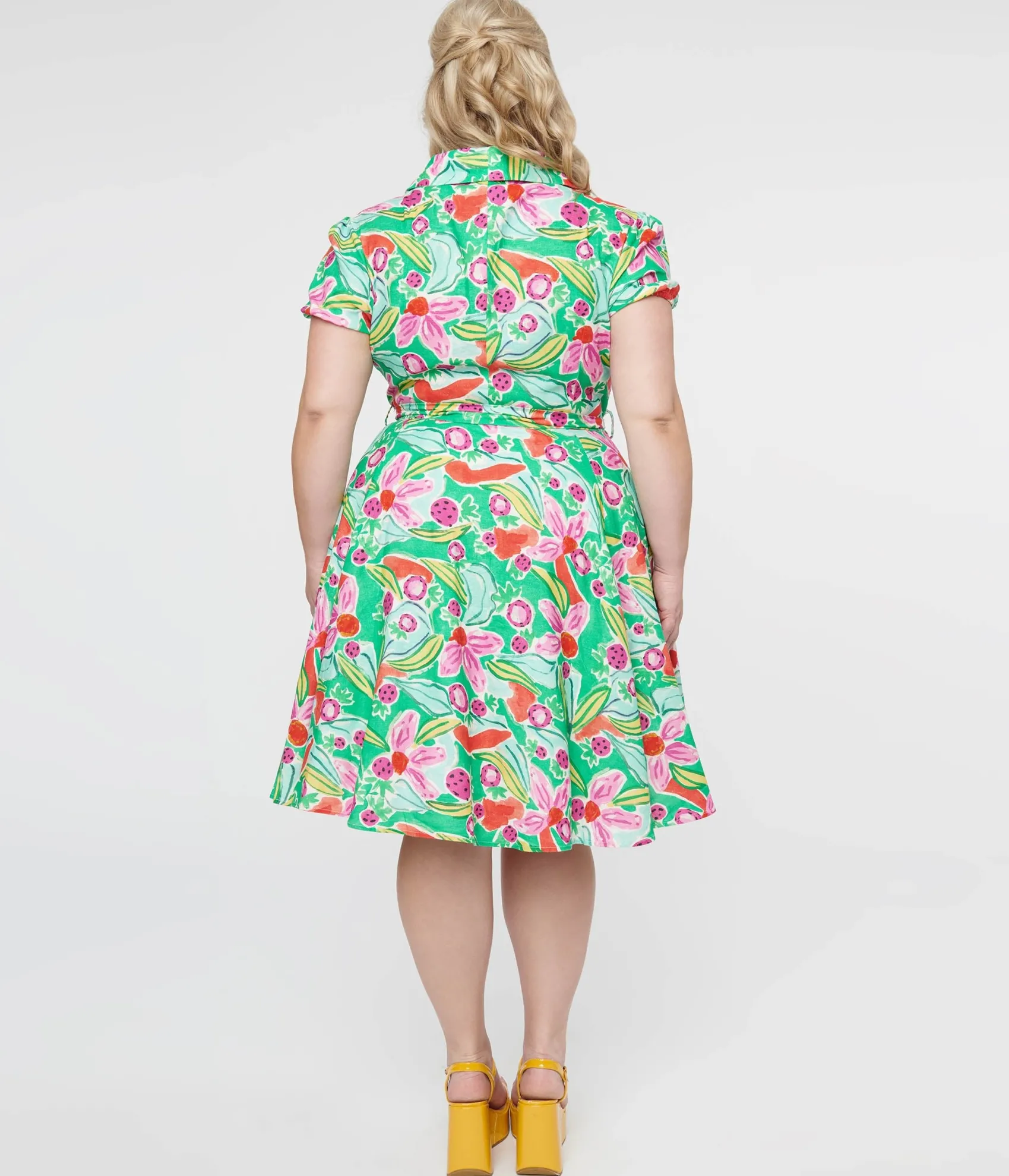 Unique Vintage Plus Size 1950s Green & Pink Berry Bloom Print Monroe Fit & Flare Dress Clearance