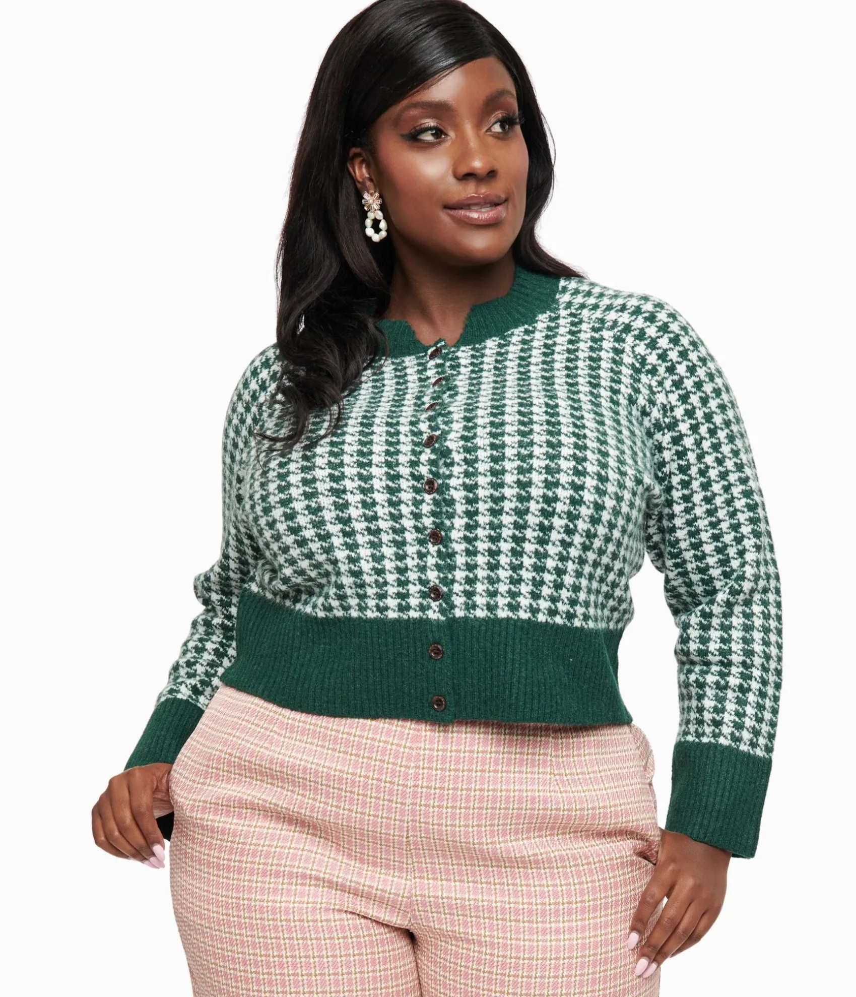 Unique Vintage Plus Size 1950s Green & White Houndstooth Hattie Cardigan Hot