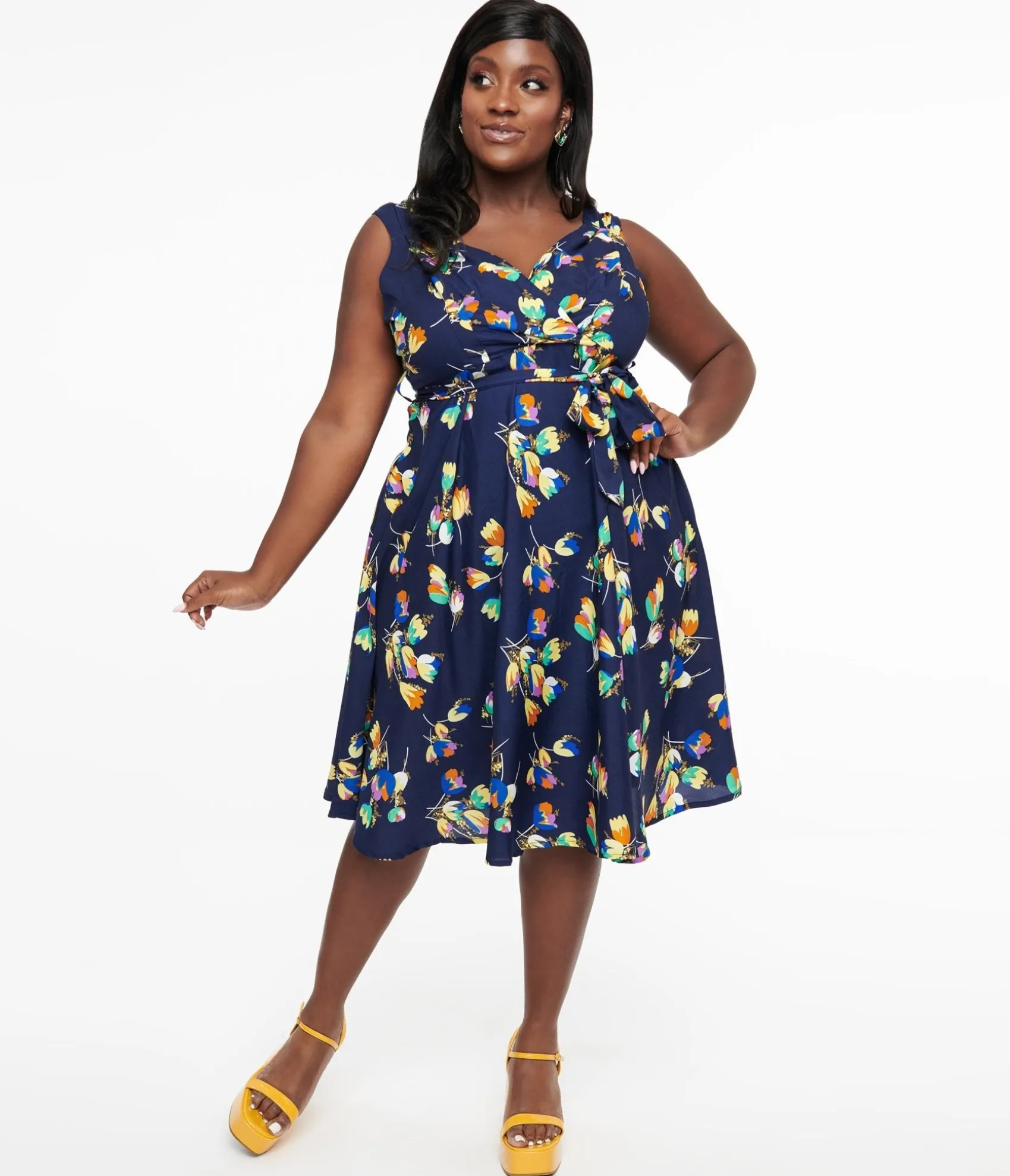 Unique Vintage Plus Size 1950s Navy Floral Print Swing Dress New