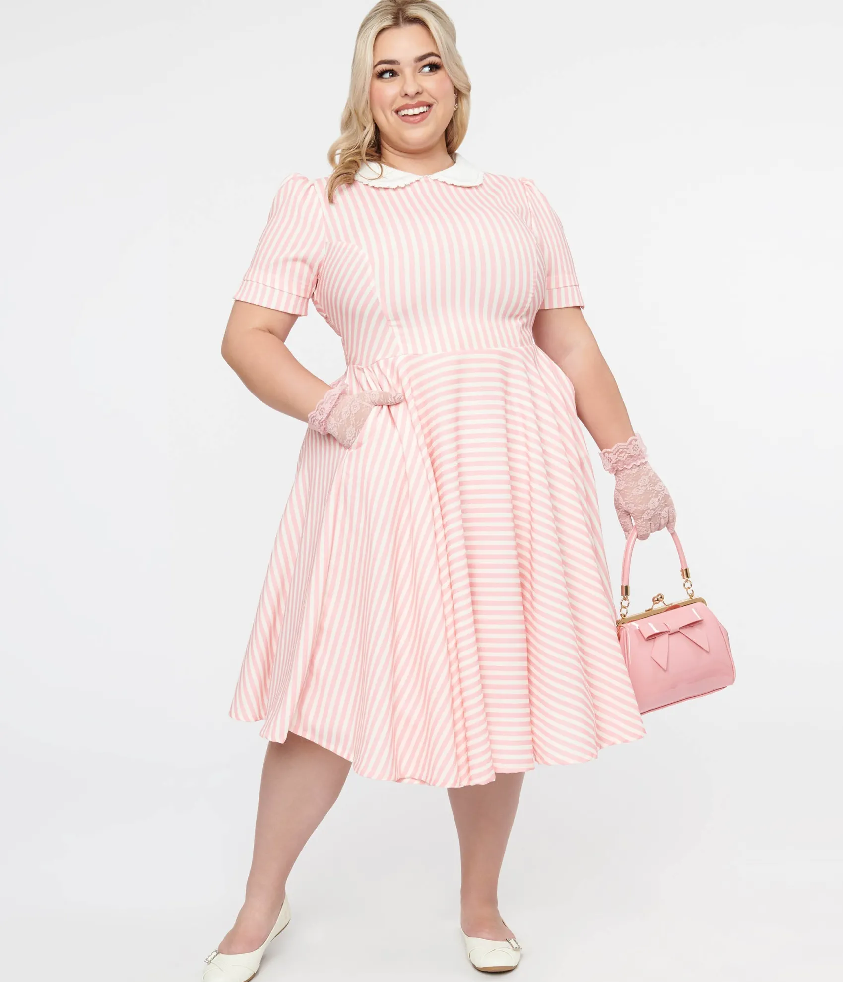 Unique Vintage Plus Size 1950s Pink & White Striped Brielle Swing Dress Hot